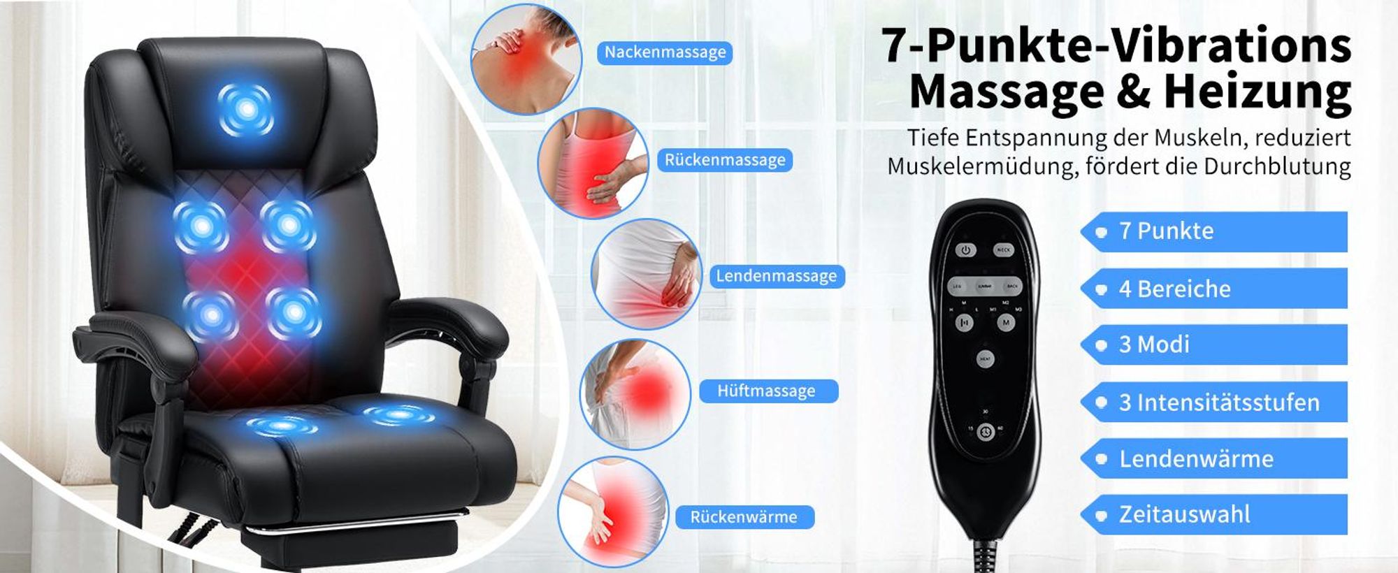 HOFFREE Massage-Bürostuhl mit Wärme & 7 Vibrationspunkten, 180° neigbar, Fußstütze, 200 kg Tragkraft, Chefsessel für große Personen, Schwarz