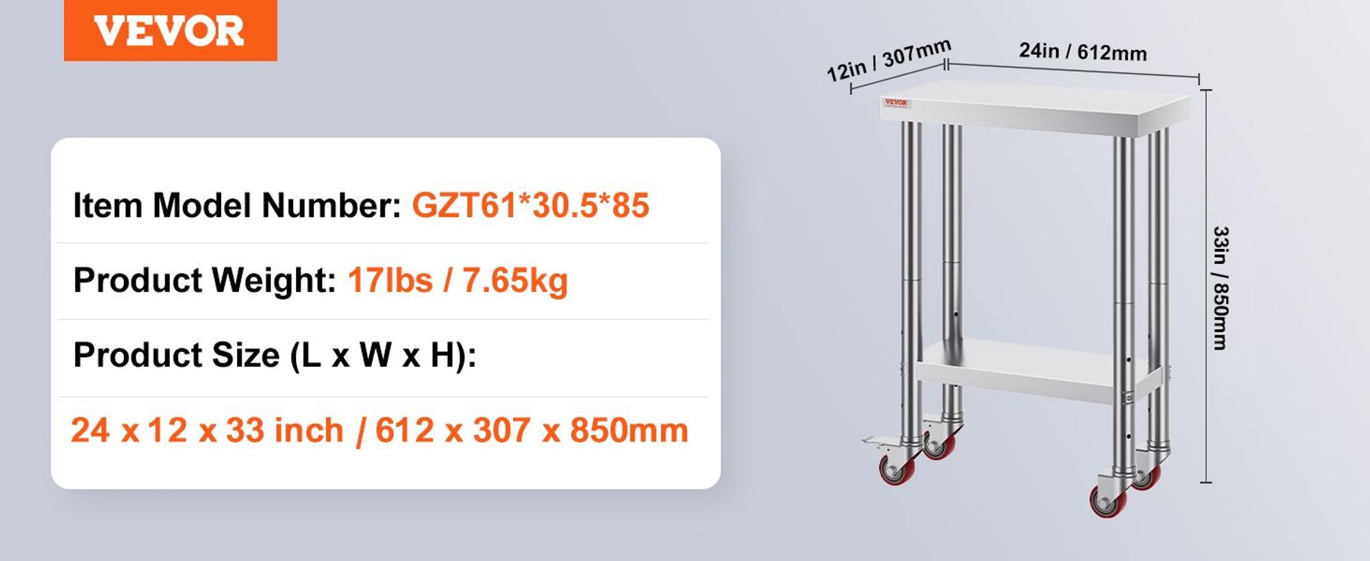 VEVOR Edelstahl Arbeitstisch 30 x 18 x 34 Zoll, 700 LBS Tragfähigkeit mit 4 Rädern, 3 verstellbare Höhenstufen, robuster Lebensmittelvorbereitungstisch für gewerbliche Küchenrestaurants, Silber, 307x612x862 mm