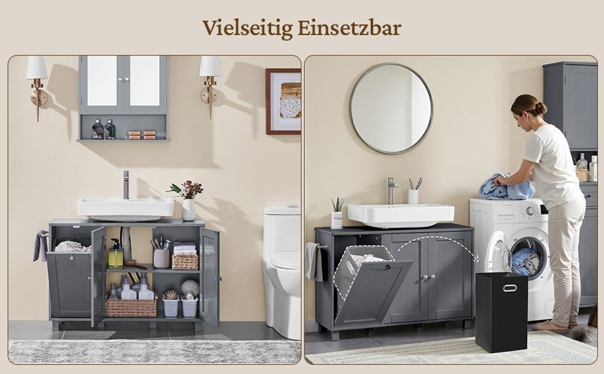 Yaheetech Waschbeckenunterschrank mit Wäschekorb, Badezimmerschrank, 3 Türen, Unterschrank für Bad, Dunkelgrau