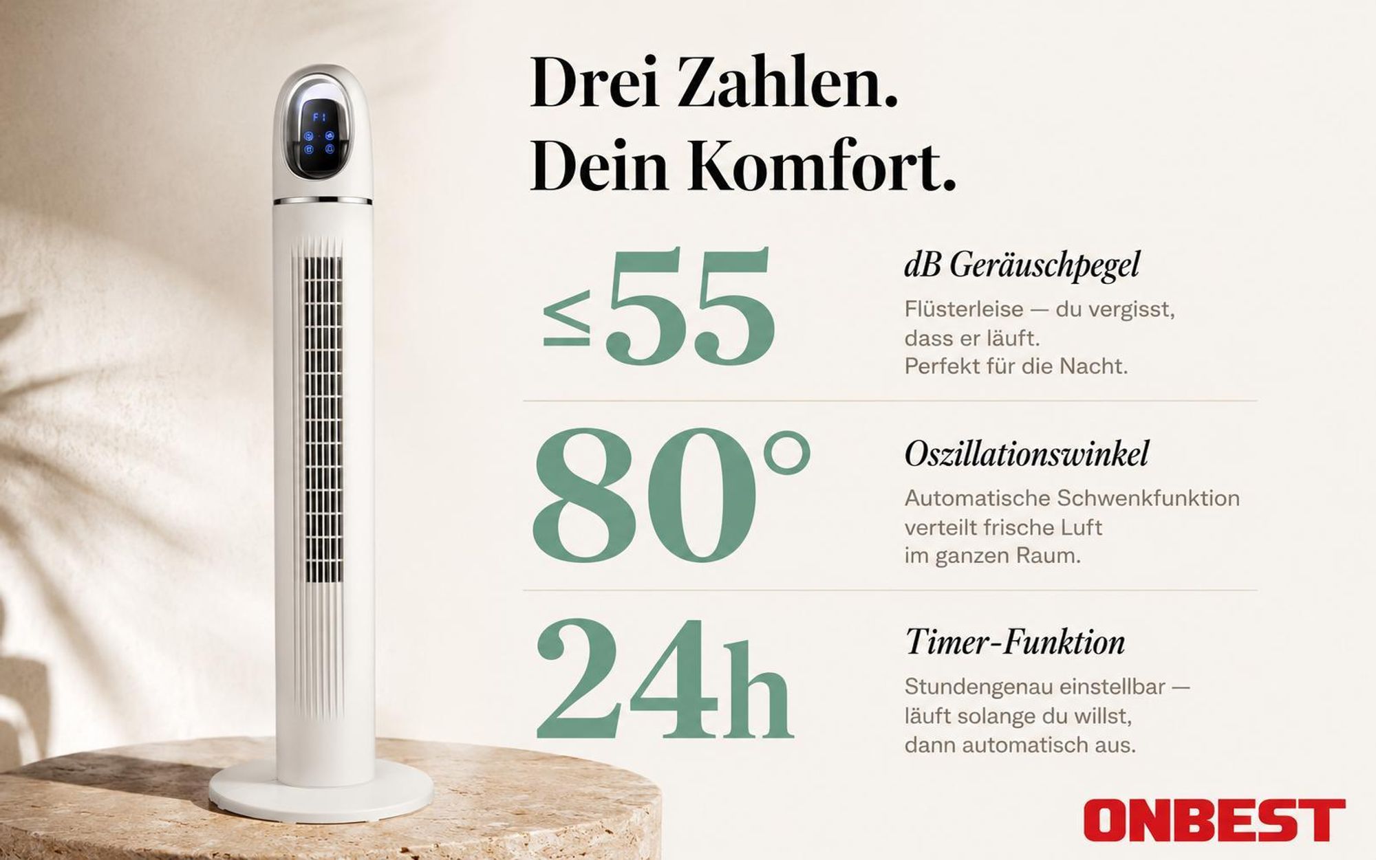 Turmventilator ONBEST TF111 | 45W | 110 cm | Inkl. Fernbedienung & Timer | 3 Geschwindigkeiten | 3 Modi | 80° Oszillation