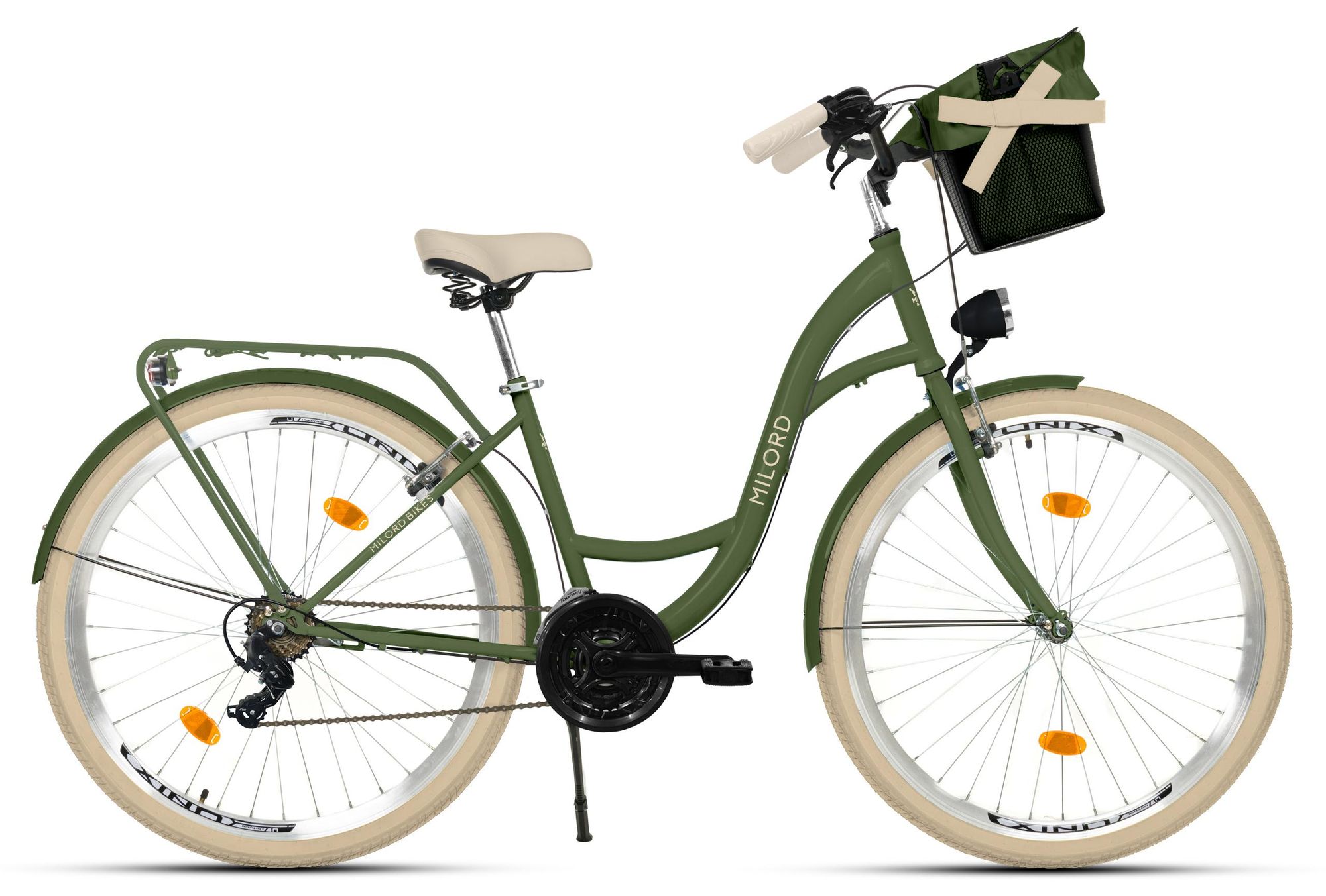 MILORD Damenfahrrad Citybike Komfort Mit Metallkorb Hollandrad Fahrrad, 26 Zoll, 21-Gang, Khaki-Creme