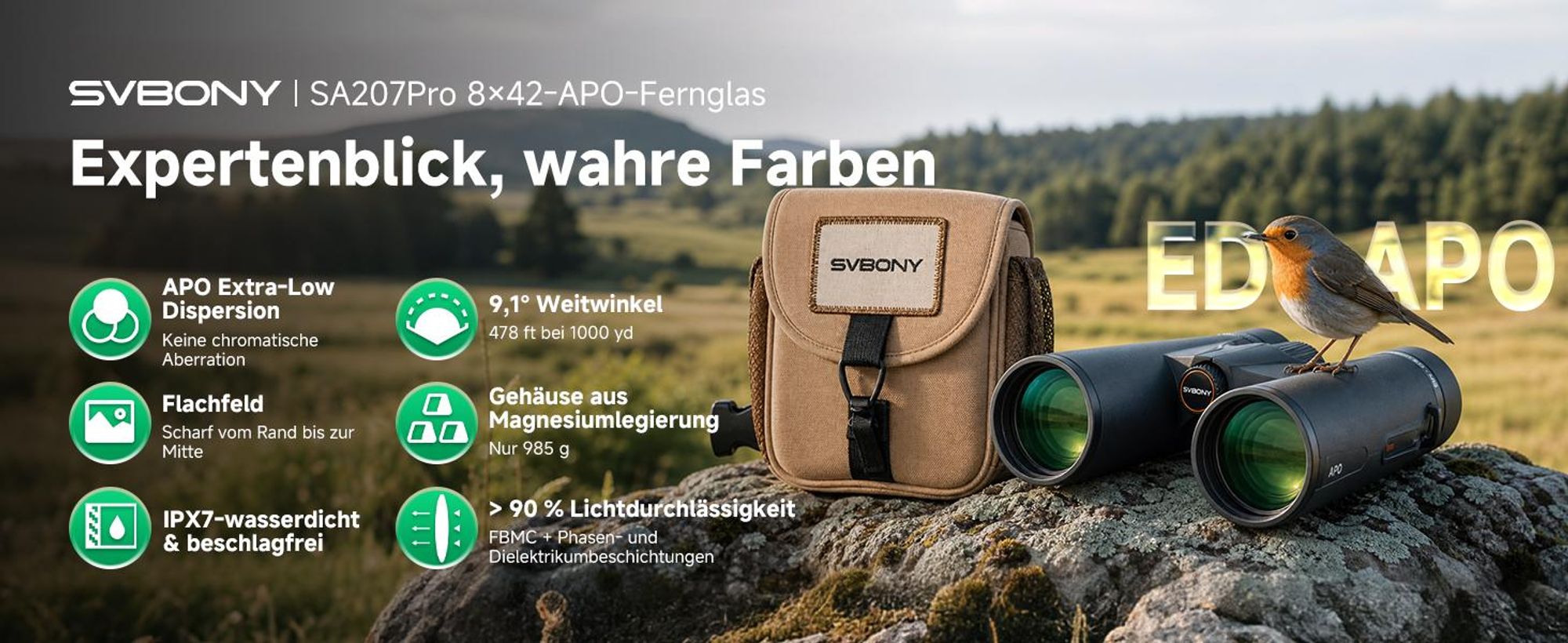 Svbony SA207 PRO APO 8x42 Fernglas mit Tragetasche, mit Ultraweitem 9,1 Grad Sichtfeld, IPX7 Wasserdicht und Beschlagfrei,  für Vogelbeobachtung