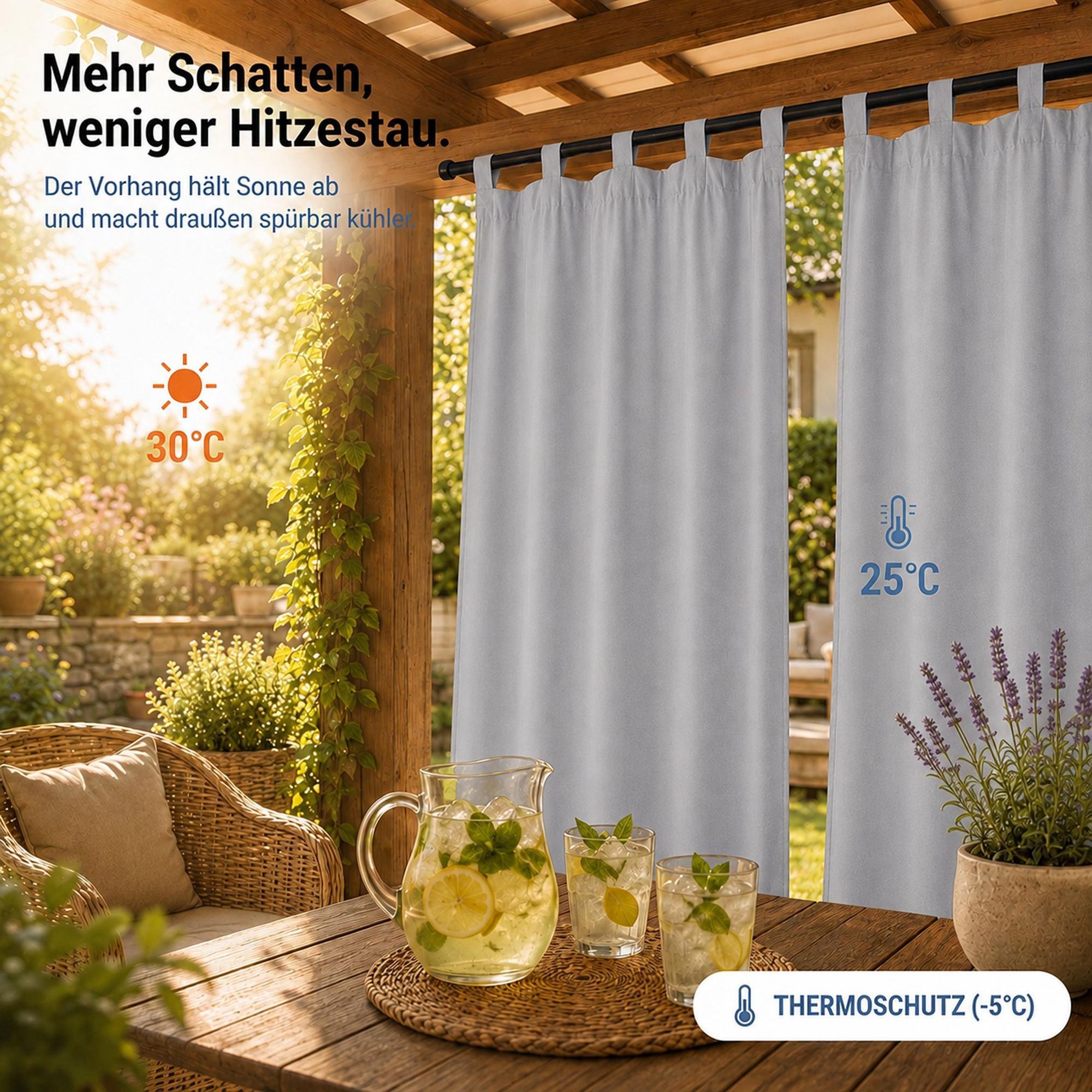2Stk Outdoor Vorhang Wasserdicht mit Klettverschluss Schlaufen - Hellgrau Thermovorhang Blickdicht Garten Terrasse Pergola Balkon B*H: 132x241cm