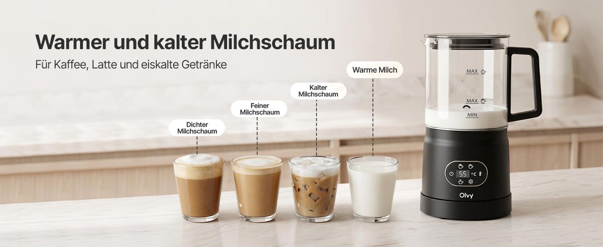 Olvy Elektrischer Milchaufschäumer aus Glas 4-in-1, 500 W, Temperaturanzeige, 160 ml Milchschaum, 400 ml Milcherhitzung, Heiß- & Kaltschaum, Schwarz