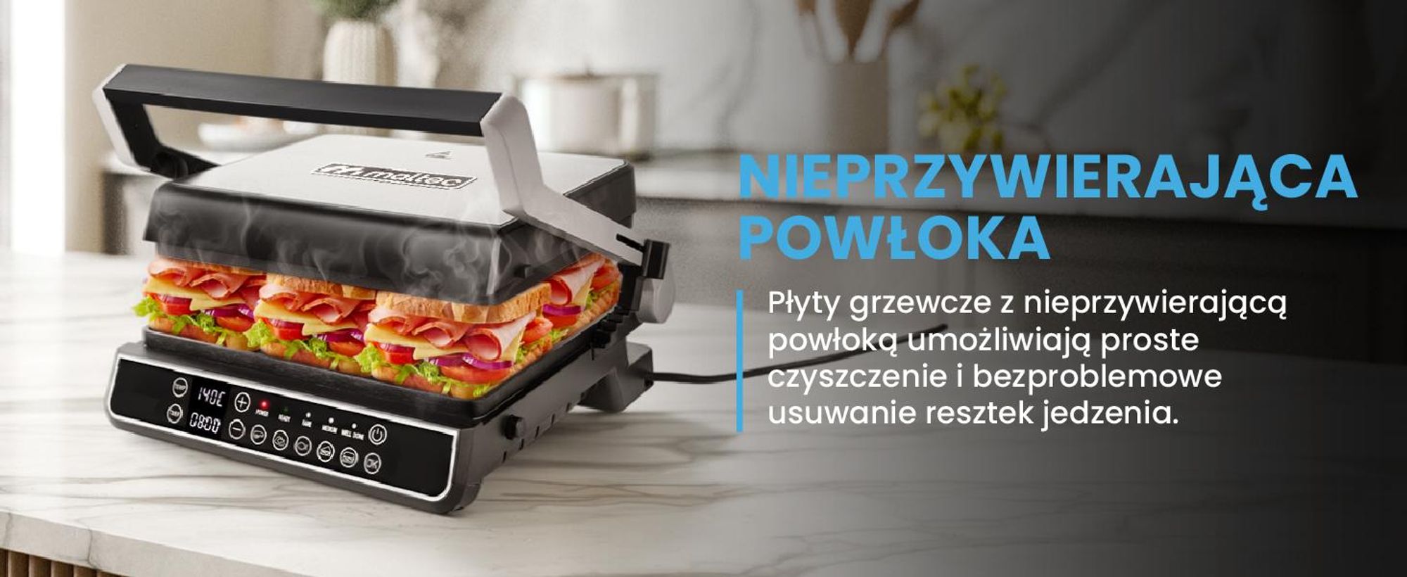 Grill kontaktowy z tacką ociekową z dużą powierzchnią opiekania