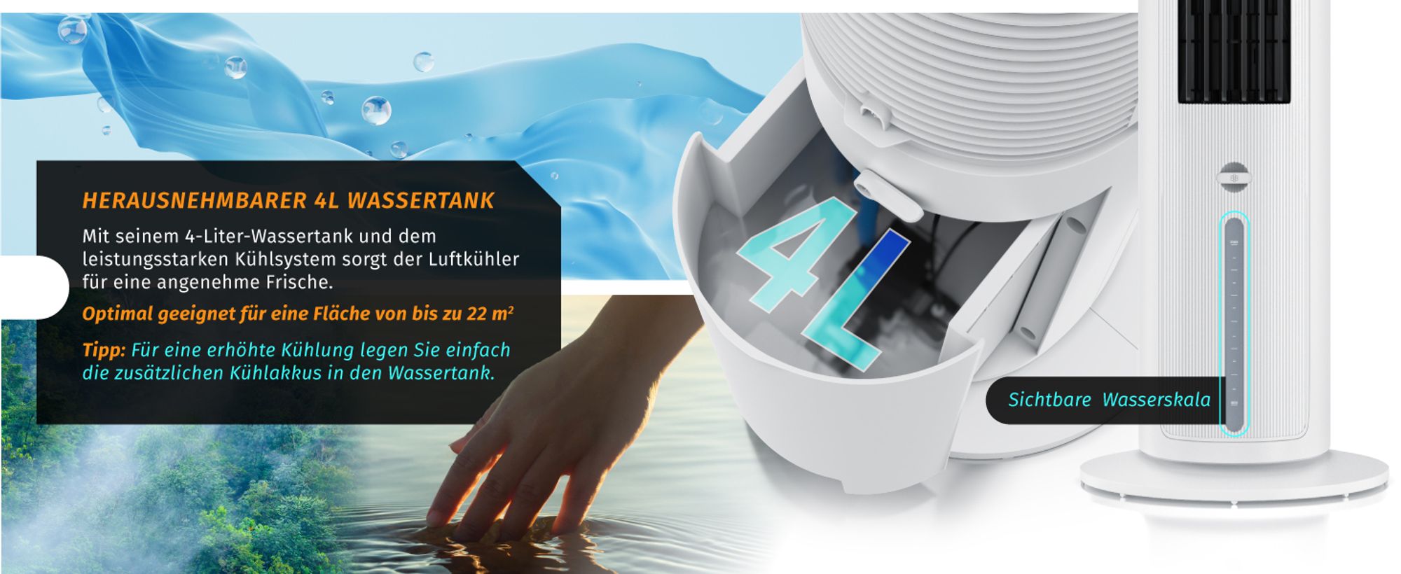 Offener 4-Liter-Wassertank mit Kühlwasser, sichtbare Skala am weißen Luftkühlergehäuse