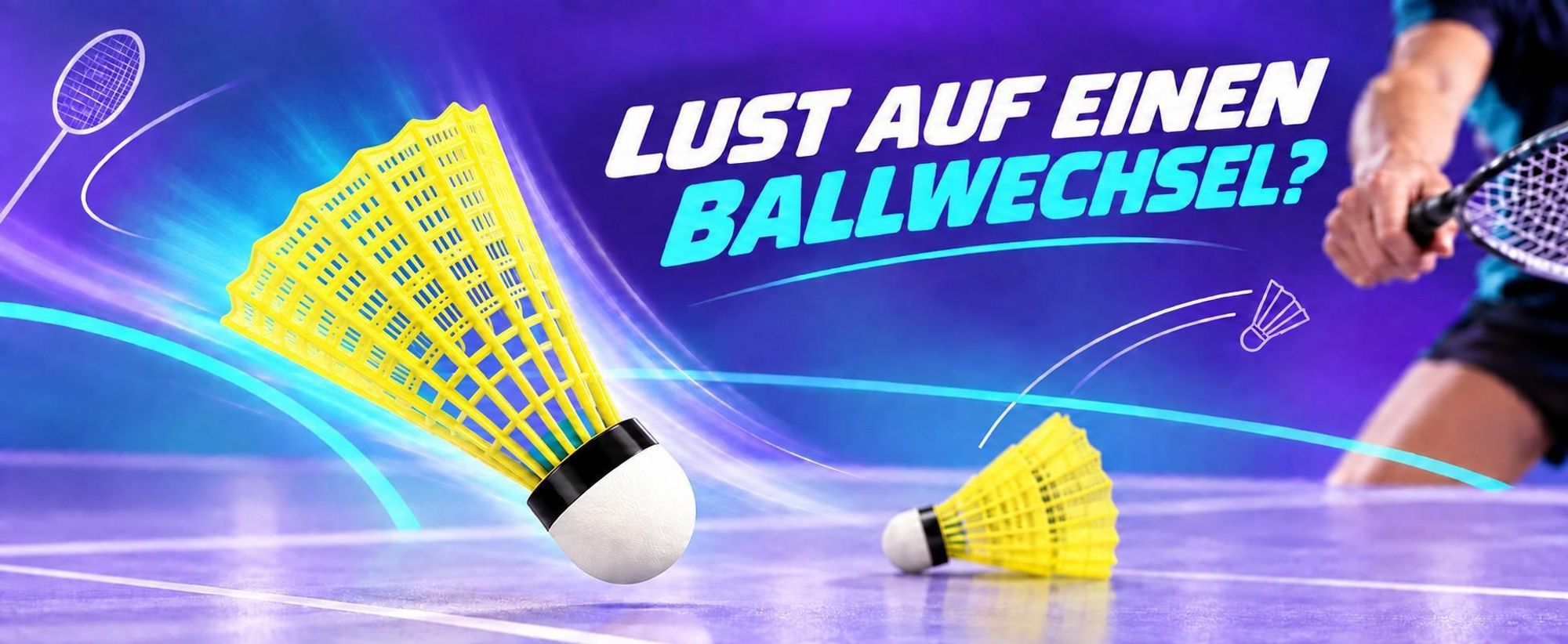 Gelber TK Federball mit Kunststoffkorb, schwarzem Ring und weißem Kopf