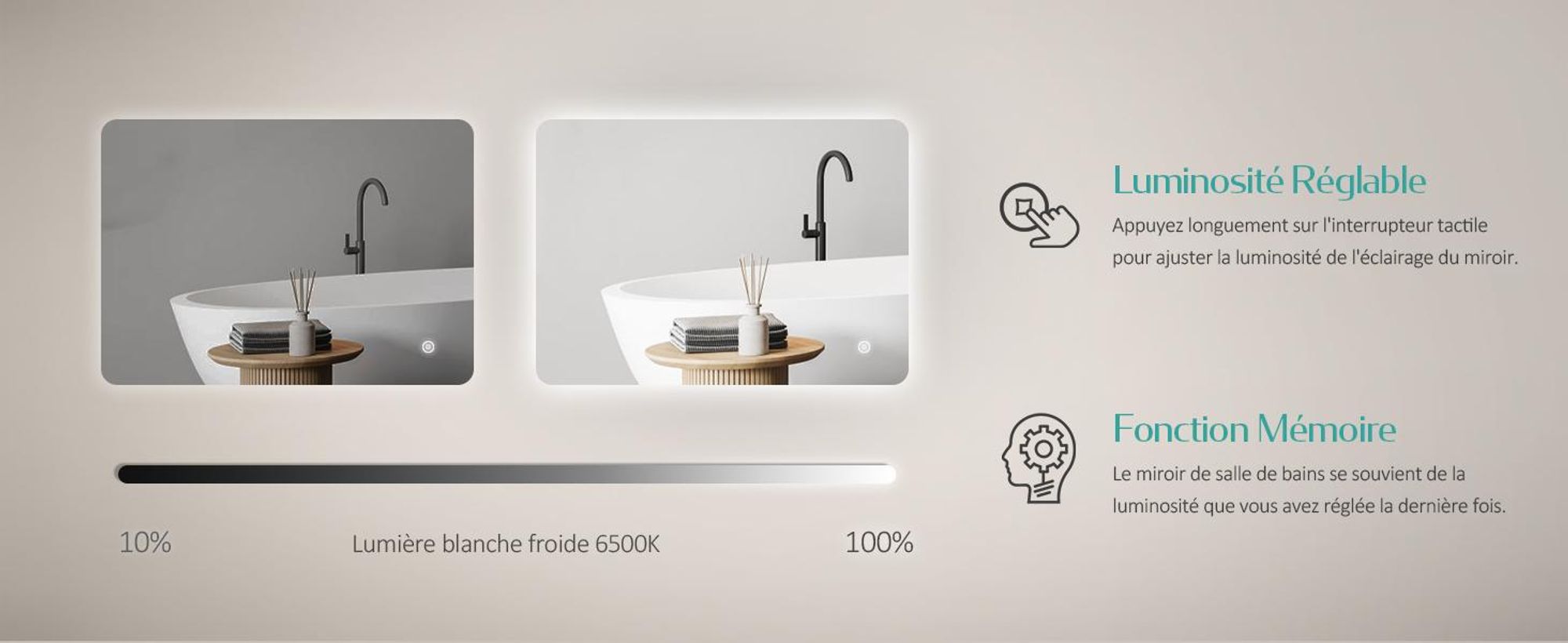 EMKE LED Miroir de salle de bain 100x60cm Miroir de salle de bain avec éclairage blanc froid Miroir lumineux Miroir mural avec interrupteur tactile Miroir de maquillage