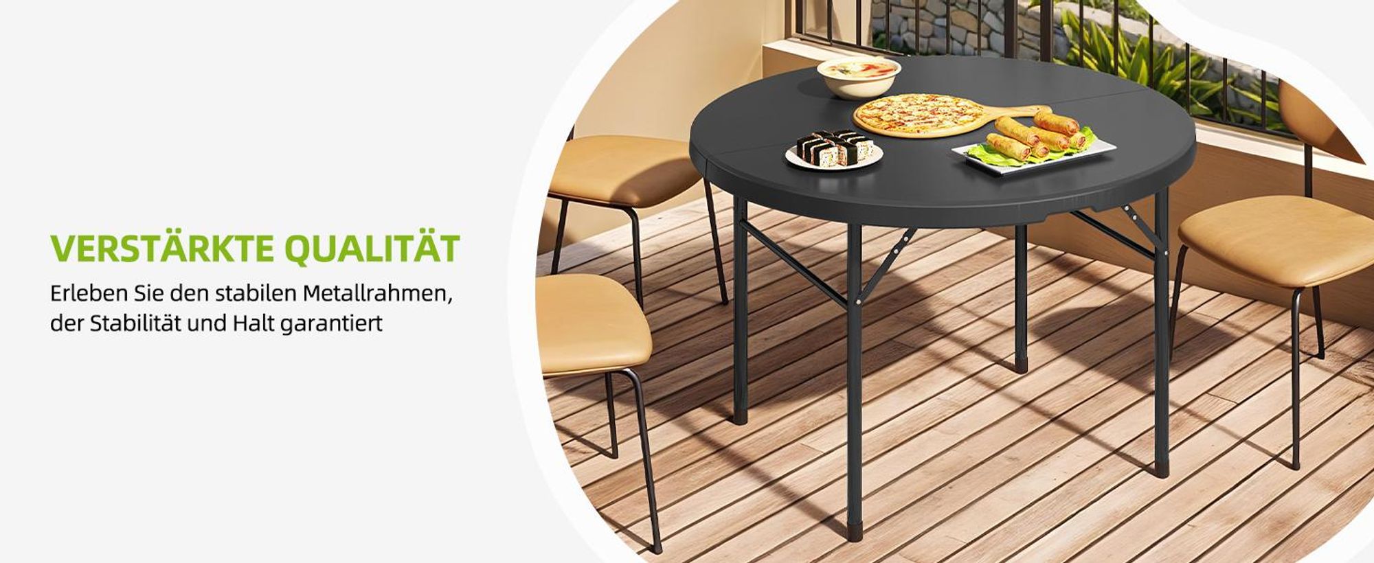 Gartentisch Rund Klapptisch Campingtisch mit Tragegriff, Wetterfest für Outdoor/Indoor, Ø 122 cm, Schwarz