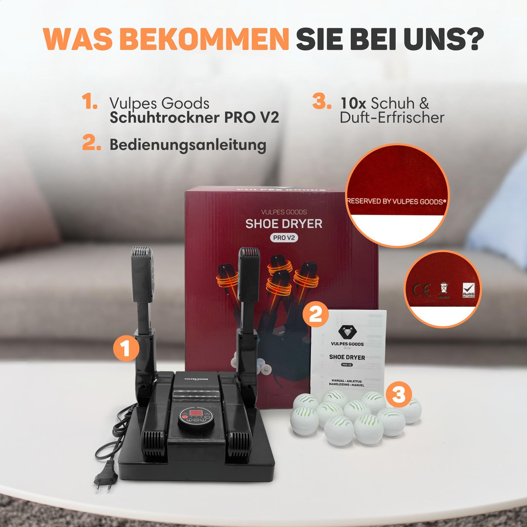 Vulpes Goods Schuhtrockner, Schuherfrischer, Timer, Ozon & Trocknungsfunktion, Geruchsentferner, Fußwärmer, Schuherfrischer, Inkl. 10 Schuhauffrischer