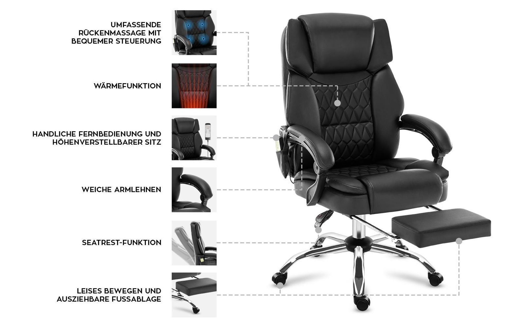 Mark Adler Boss 6.0 | Bürostuhl Massagesessel Ergonomischer Chefsessel | Massagefunktion | Fußstütze | Wärmefunktion | Drehbar | Kunstleder | Schwarz