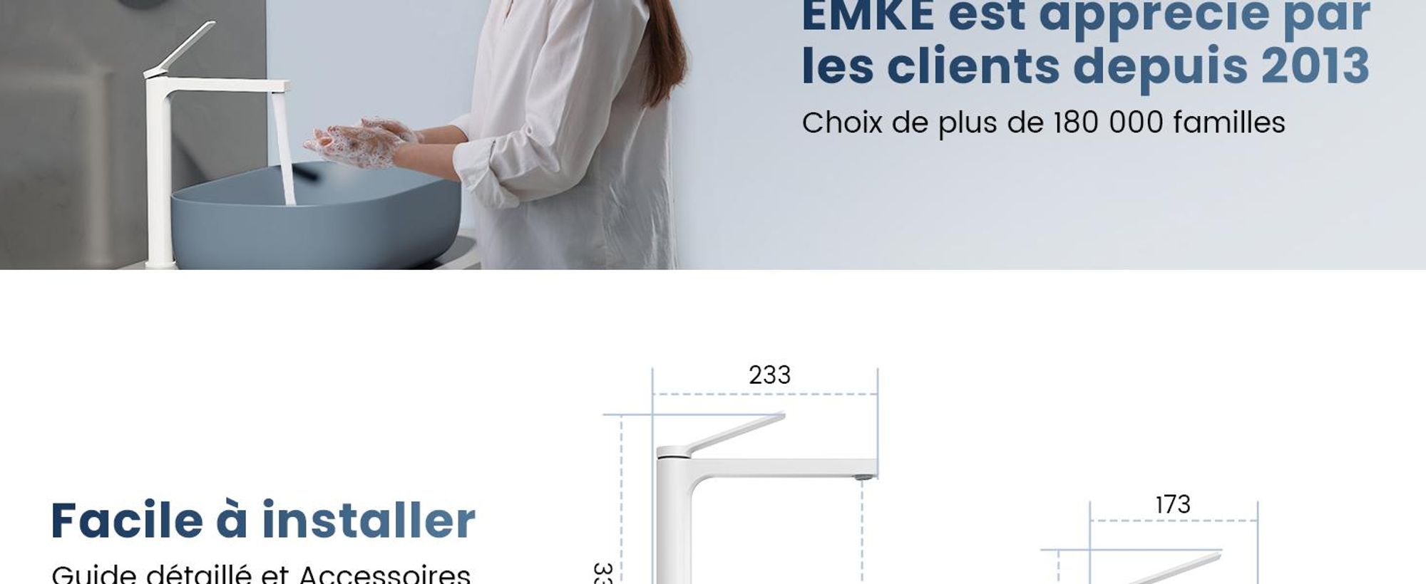 EMKE Robinet salle de bain blanc mat 335x233x46mm, laiton, cartouche céramique, robinet salle de bain, mitigeur lavabo, mitigeur lavabo