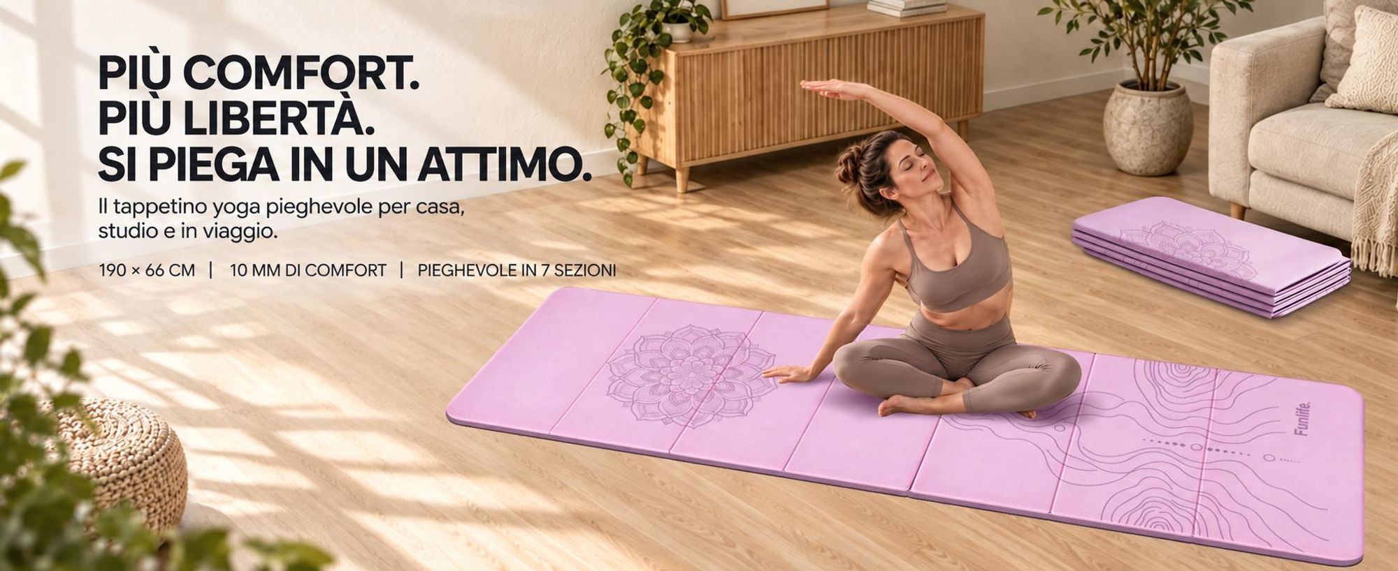 Tappetino da yoga pieghevole FunLife, dimensioni XXL 190x66 cm, spessore 10 mm, antiscivolo, ideale per yoga, pilates, allenamento a casa e attività all'aperto