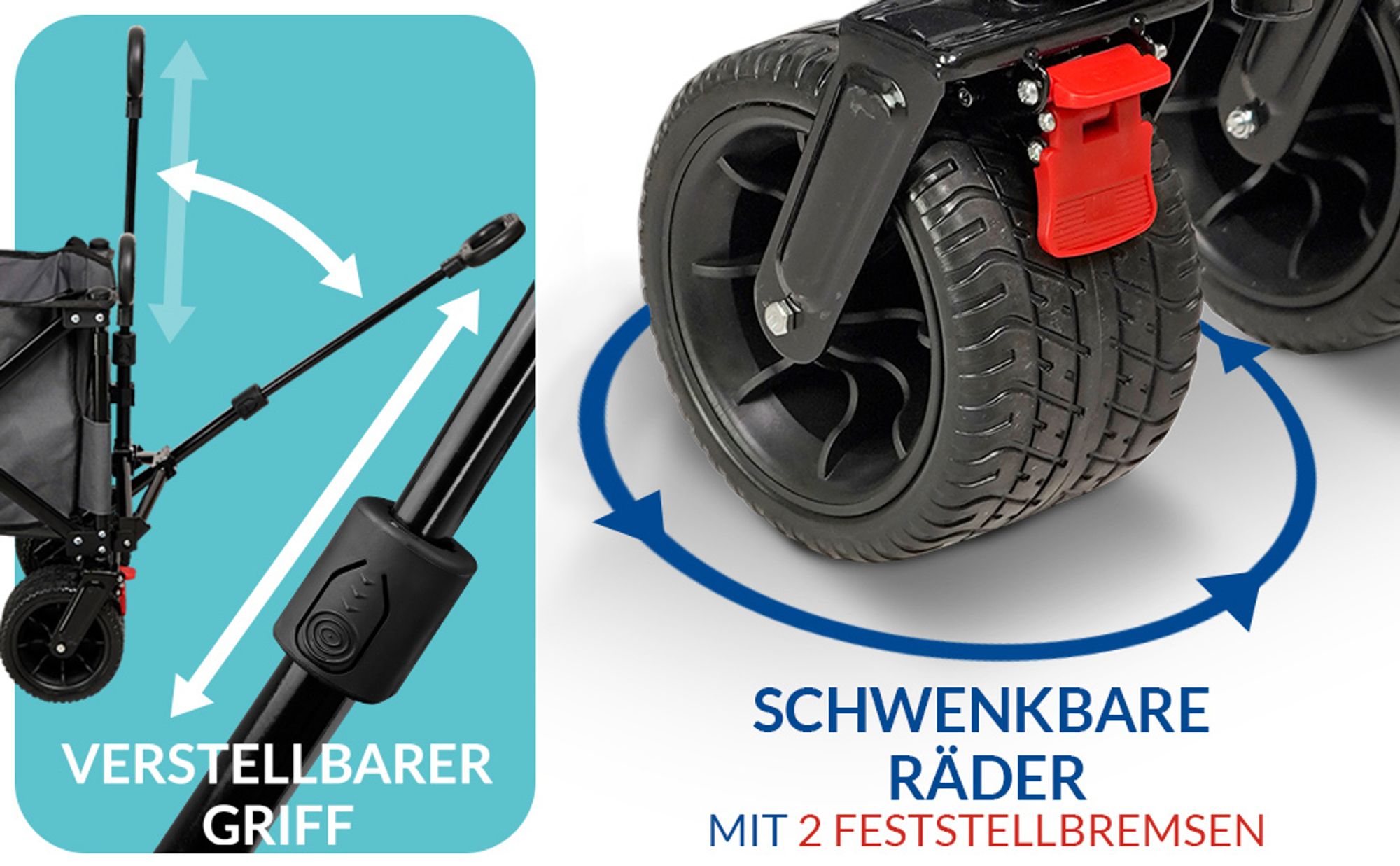 Detailbilder eines Bollerwagens von LAWA mit verstellbarem Griff und schwenkbare Räder.