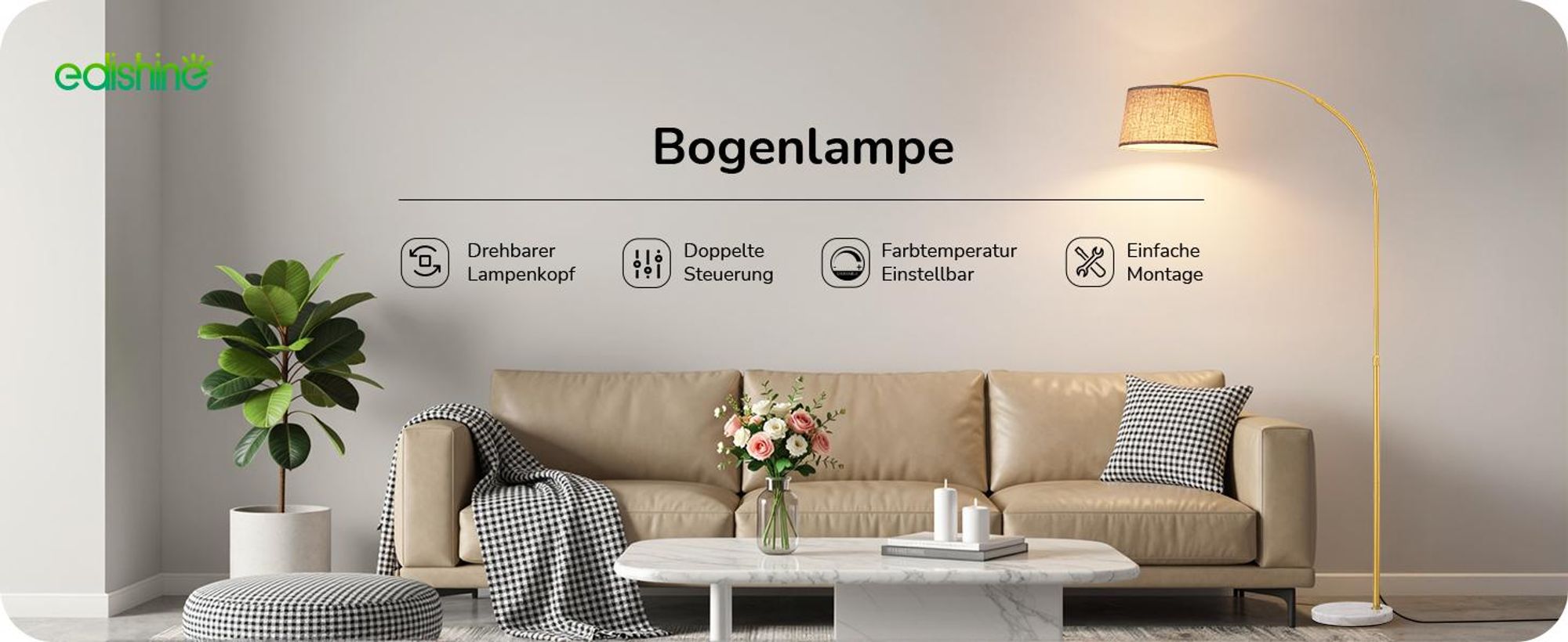 EDISHINE Stehlampe Wohnzimmer mit Fernbedienung, 143-176 cm verstellbar, Bogenlampe mit drehbarem Lampenkopf, stufenlos dimmbar