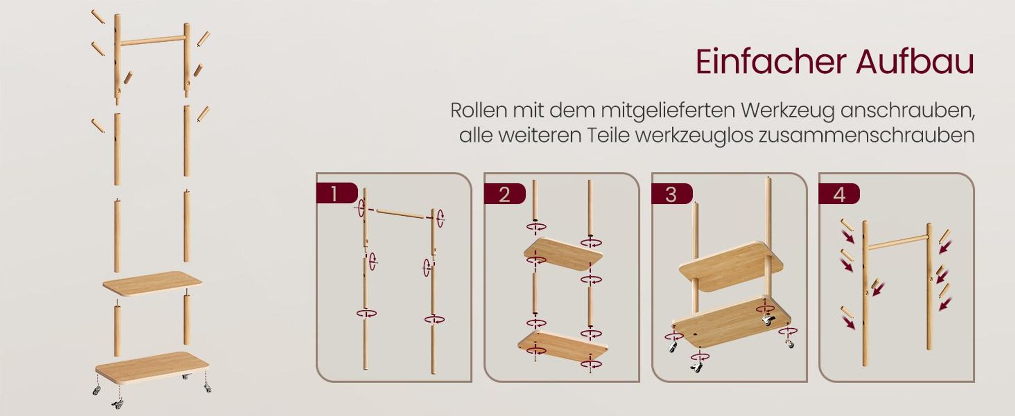 VASAGLE Garderobenständer, 7 Haken, 2 Ablagen, Rollen, Massivholz, Flur, Schlafzimmer, Wohnzimmer, natur
