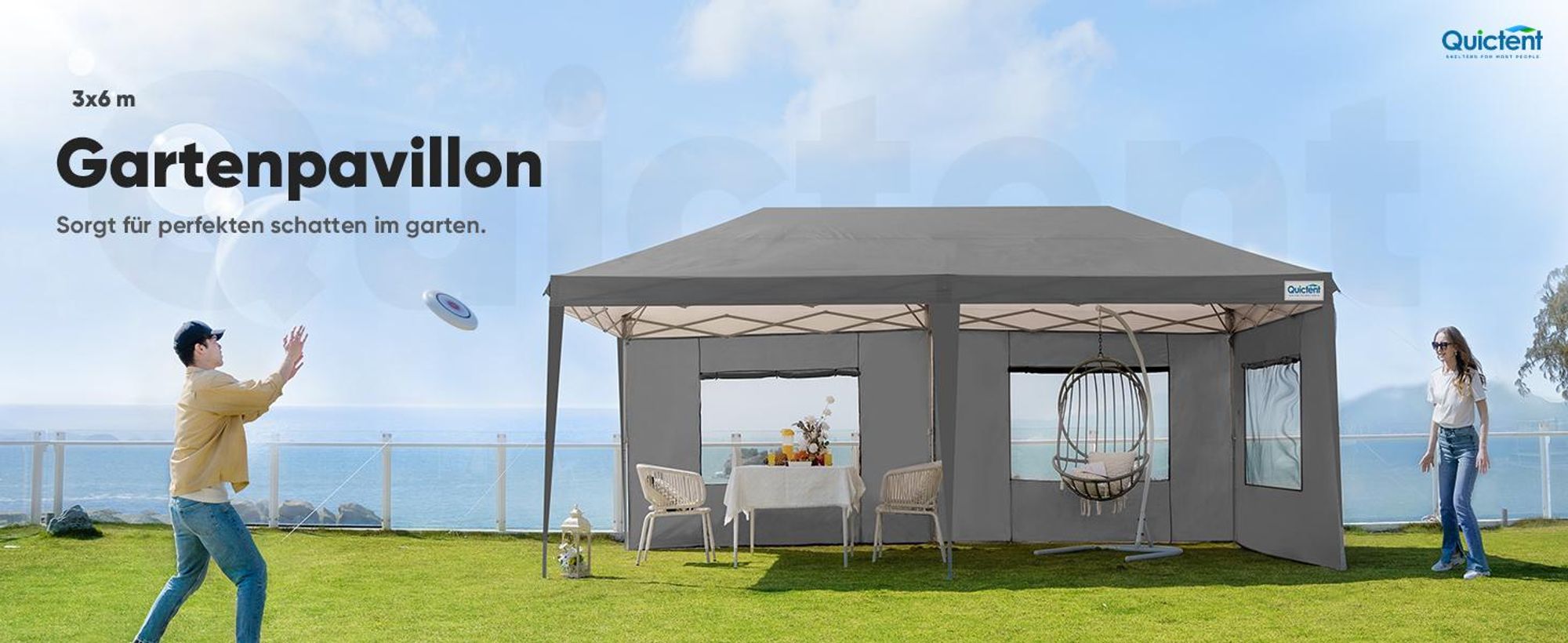 Quictent Faltpavillon 3x6m mit 6 Seitenteilen, Gartenpavillon, Wasserdicht Stabil Pavillon Partyzelt mit 4 Sandsäcke & Rollentasche Grau