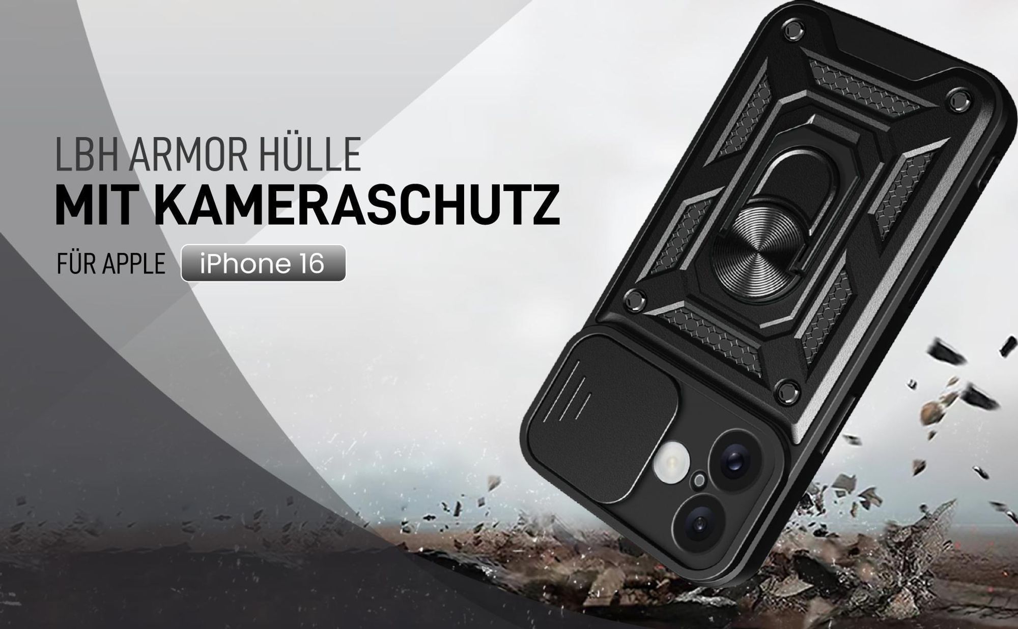 Schwarze Outdoorhülle mit Kameraschutz für Apple iPhone 16