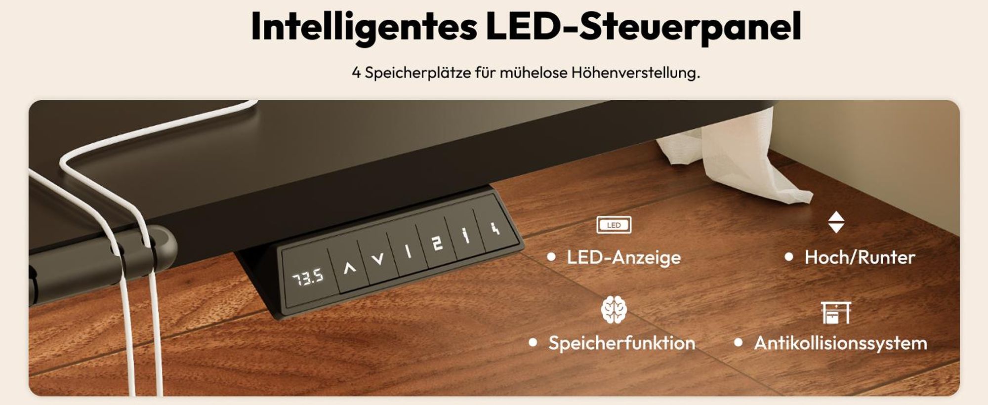SANODESK Höhenverstellbarer Schreibtisch 200x80cm elektrisch 4 Memory-Funktion, Antikollisionsschutz, 70kg Tragkraft, mit Haken und Ablagebox(Schwarz)