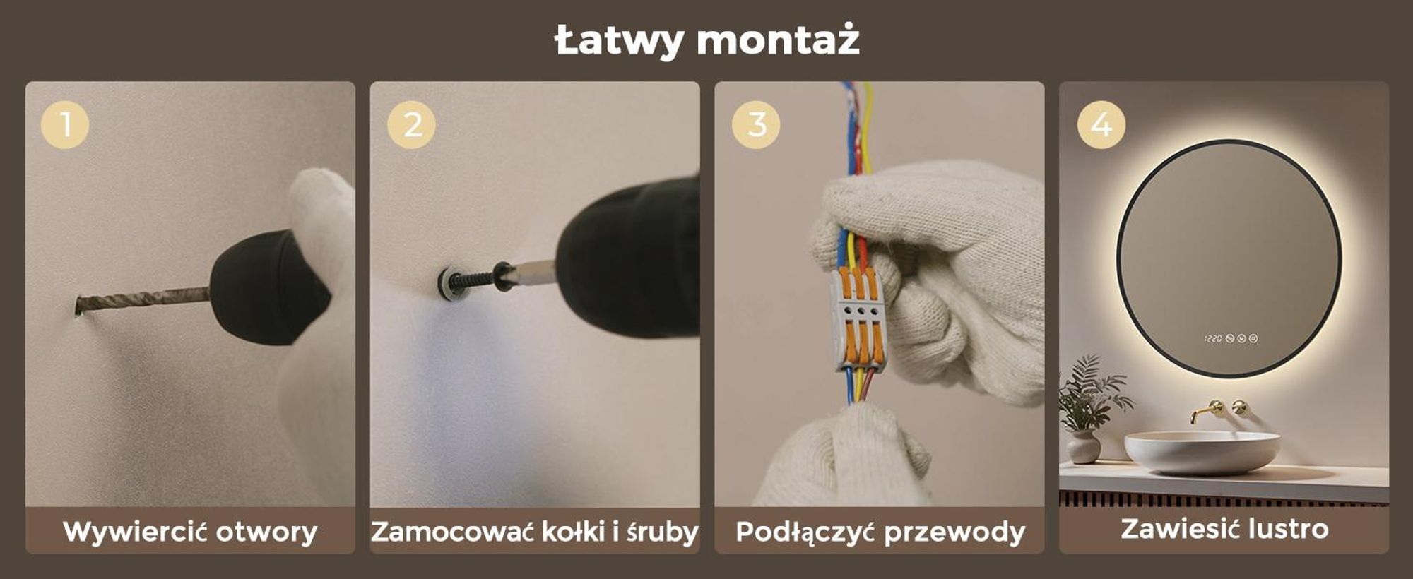 S'AFIELINA Lustro Łazienkowe LED 80 cm, Okrągłe, Czarna Rama, 3 Barwy Światła, Regulacja Jasności, Antypara, Zegar, Wyświetlacz Temperatury