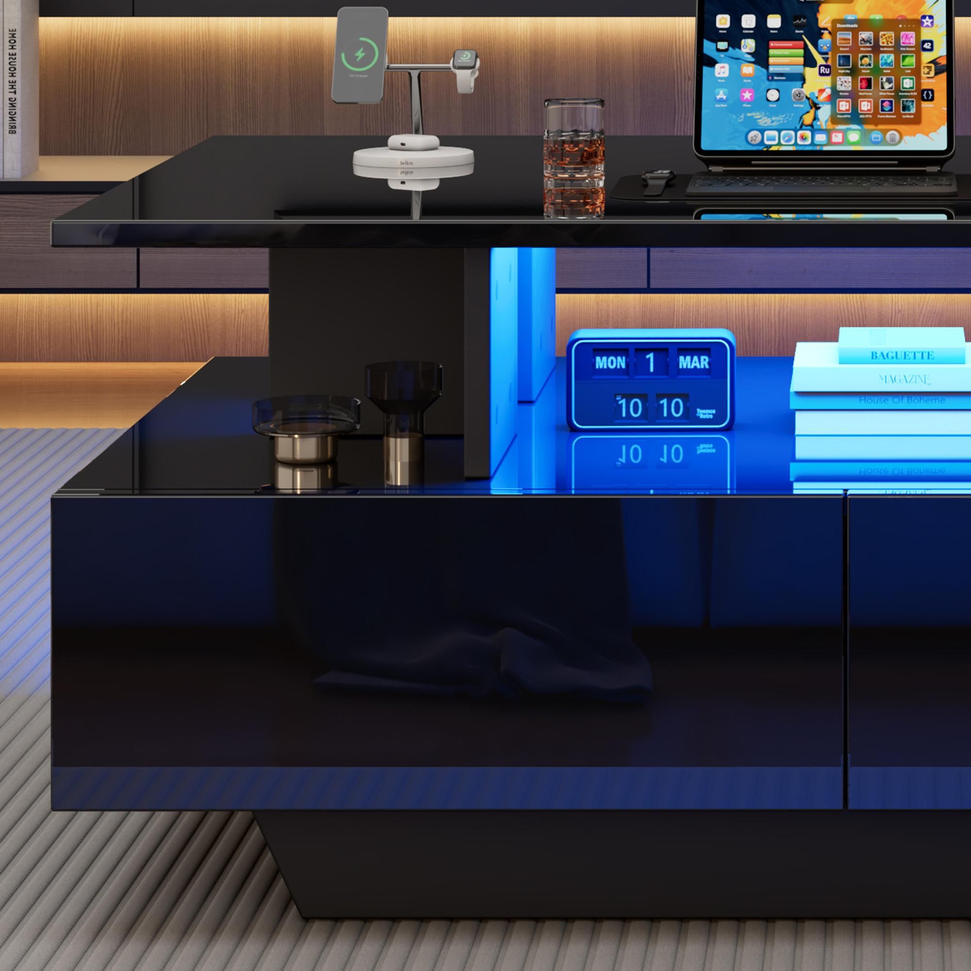 Merax Hochglanz-Couchtisch mit LED 90x55x41 cm, Beistelltisch mit 2 Schubladen, Sofatisch mit Stauraum und Fernbedienung – Schwarz