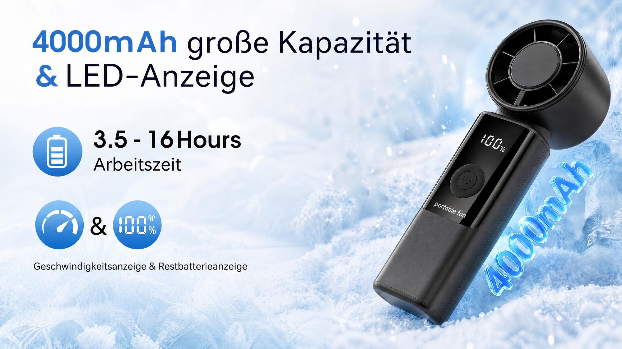 Tragbarer Handventilatoren USB, Faltbar Mini Ventilator Leise mit 4000 mAh Akku bis 16 Std. Laufzeit, LED-Display, 1-199 Geschwindigkeitsstufen