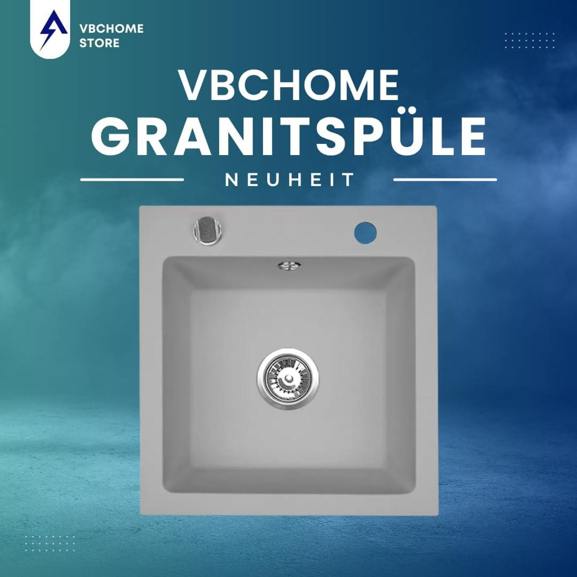 VBChome Granitspüle 50 x 48 cm Grau Einzelbecken Einbauspüle Gesprenkelt Pflegeleichtes Spülbecken mit Siphon Ideal für kleine Küchen