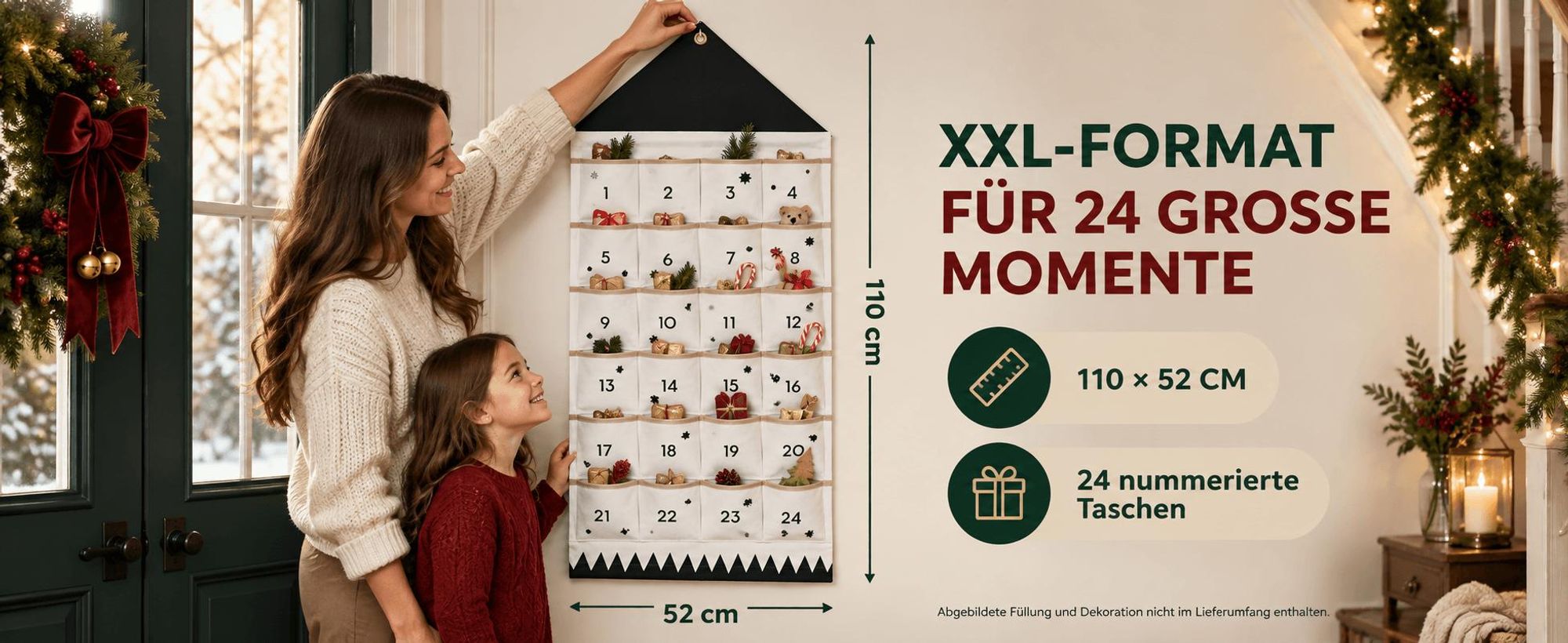 Adventskalender zum Aufhängen, 24 Taschen Stoff, befüllbar, Weihnachtsdeko, wiederverwendbar