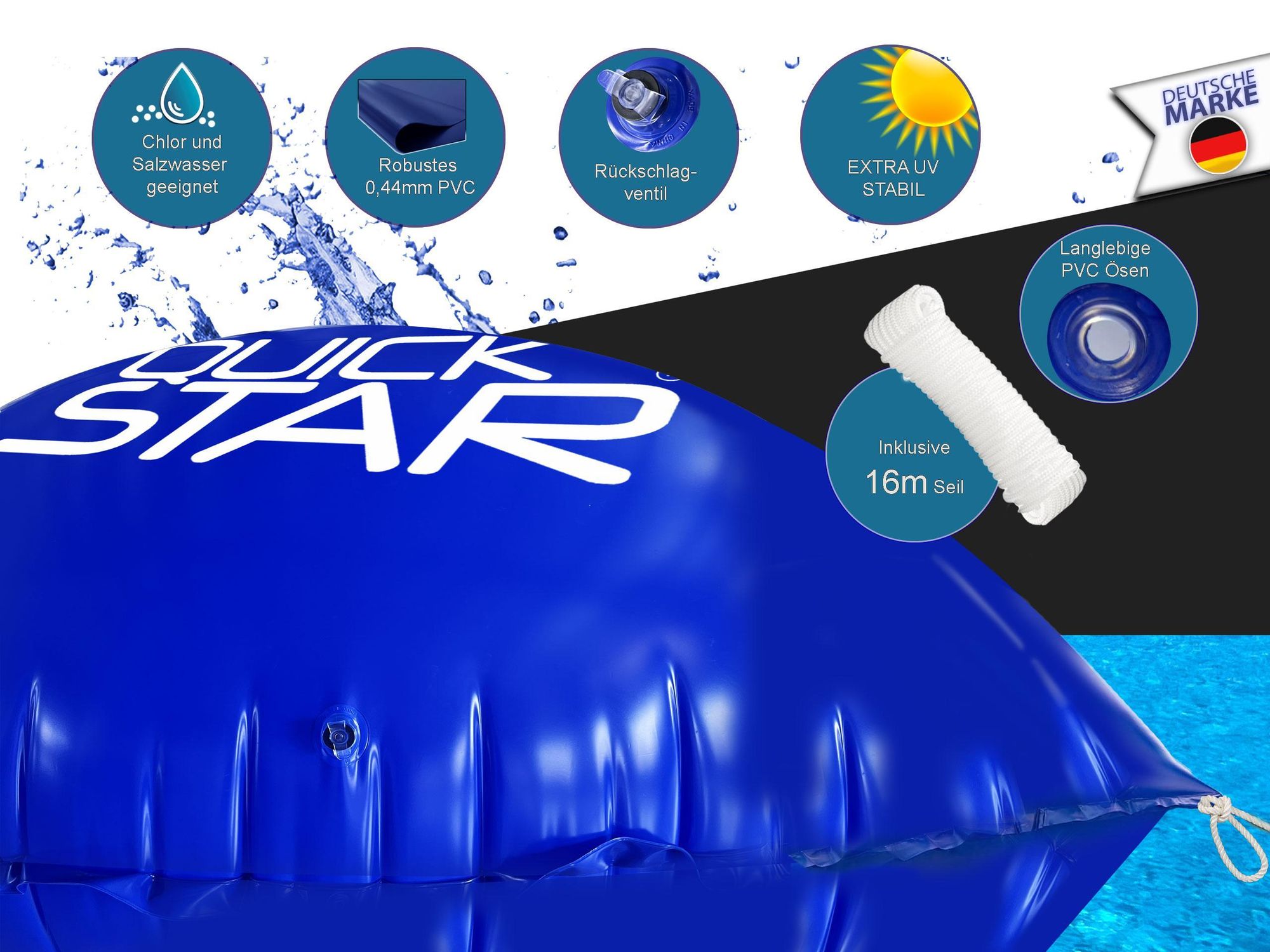Quick Star Poolkissen aus robustem PVC in verschiedenen Größen – blaues Luftkissen zur Stabilisierung von Poolabdeckungen im Winter