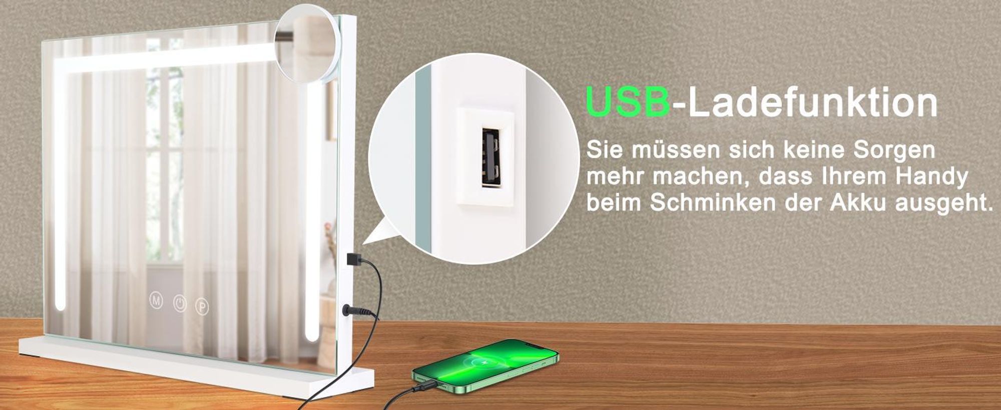 ZMH Kosmetické zrcadlo Stmívatelné LED osvětlení 50 x 40 cm 3 režimy barevného osvětlení 5násobné zvětšení Zrcadlo USB připojení pro ložnici Šatnu