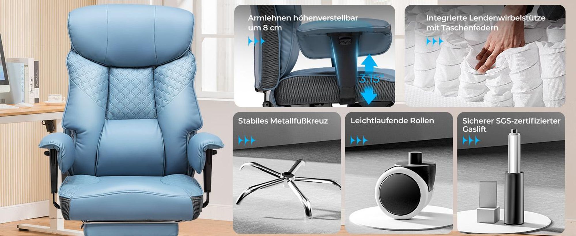 COMHOMA Gaming Stuhl für Große und Schwere Personen, ergonomischer Bürostuhl bis 180 kg, 3D Sitzkissen, verstellbar mit Fußstütze, Kunstleder, Hellblau