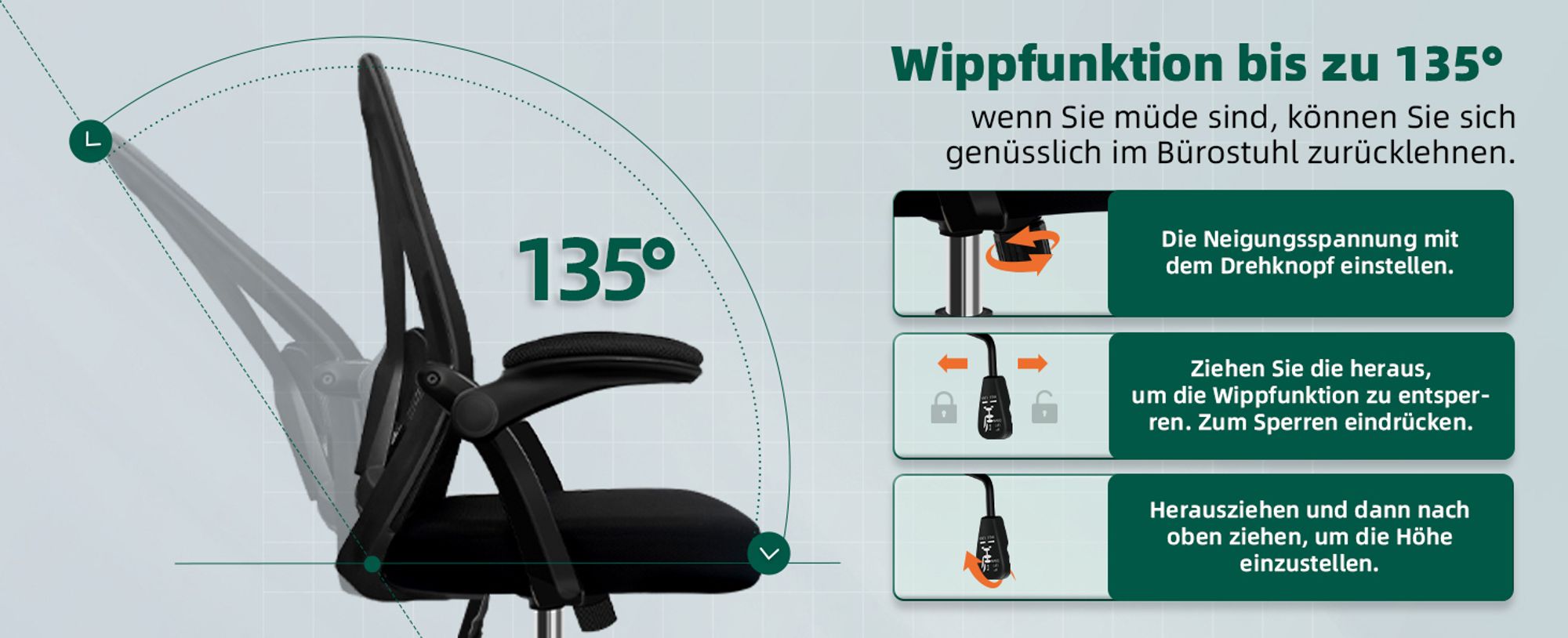 Aiibot Bürostuhl,Bürostuhl Ergonomischer mit klappbaren Armlehnen Schreibtischstuhl Armlehnen Höhenverstellbarer Drehstuhl Chefsessel bürostuhl 150 kg