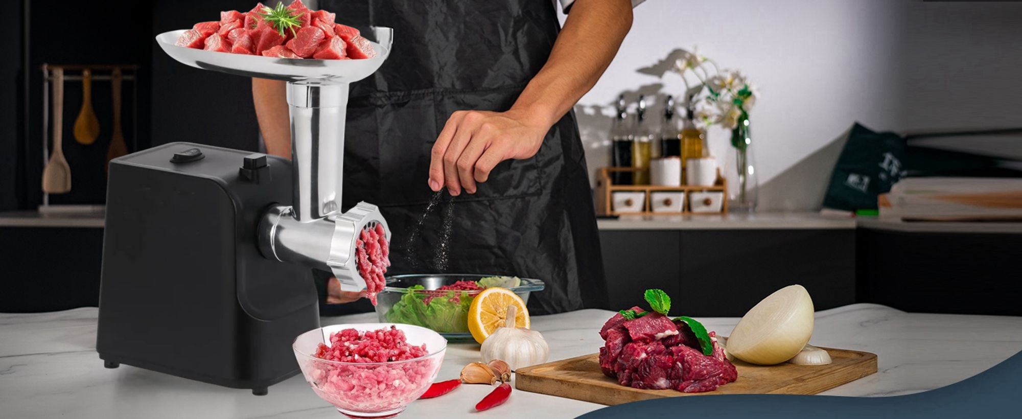 6 in 1 Elektrischer Fleischwolf，Multi Küchenmaschine，Super-intelligenter Wärmeschutz，Wurstmaschine mit 3 Lochscheiben, 4 Kegel-Klingen，schwarz