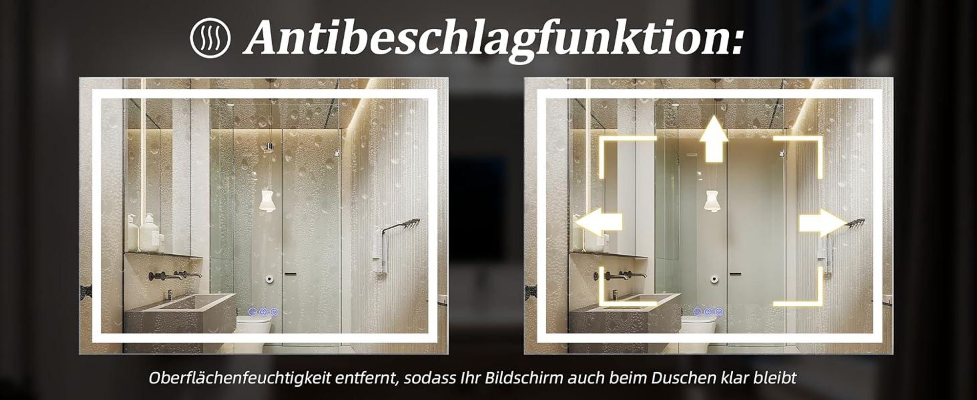 Koonmi 80x60cm LED Badezimmerspiegel - 3 Einstellbare Beleuchtungsmodi, Beleuchteter intelligenter Badezimmer Spiegel , wandmontiert horizontal