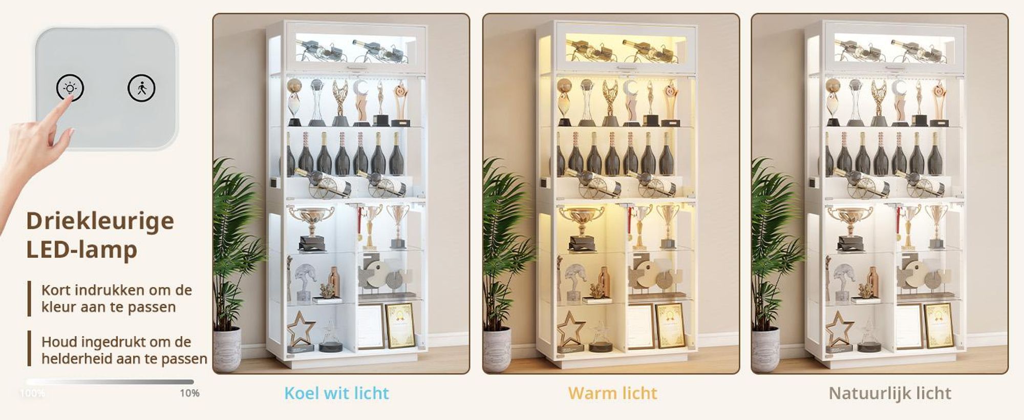 Puluomis Vitrine, glazen vitrine met 3 kleuren verlichting en sensor, vitrinekast zonder handgrepen, 80 x 35 x 180 cm, geschikt voor presentatie in woonkamer of slaapkamer
