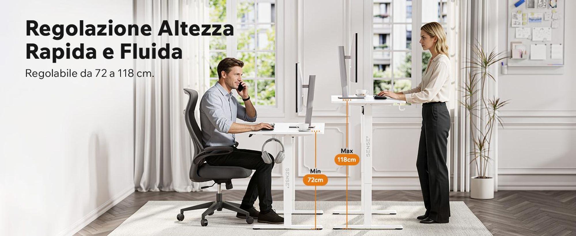 SENSE7 NOJO Light - Struttura per scrivania regolabile in altezza elettricamente | 72-118 cm, funzione memoria, supporto per cuffie, carico massimo 70 kg, struttura in acciaio