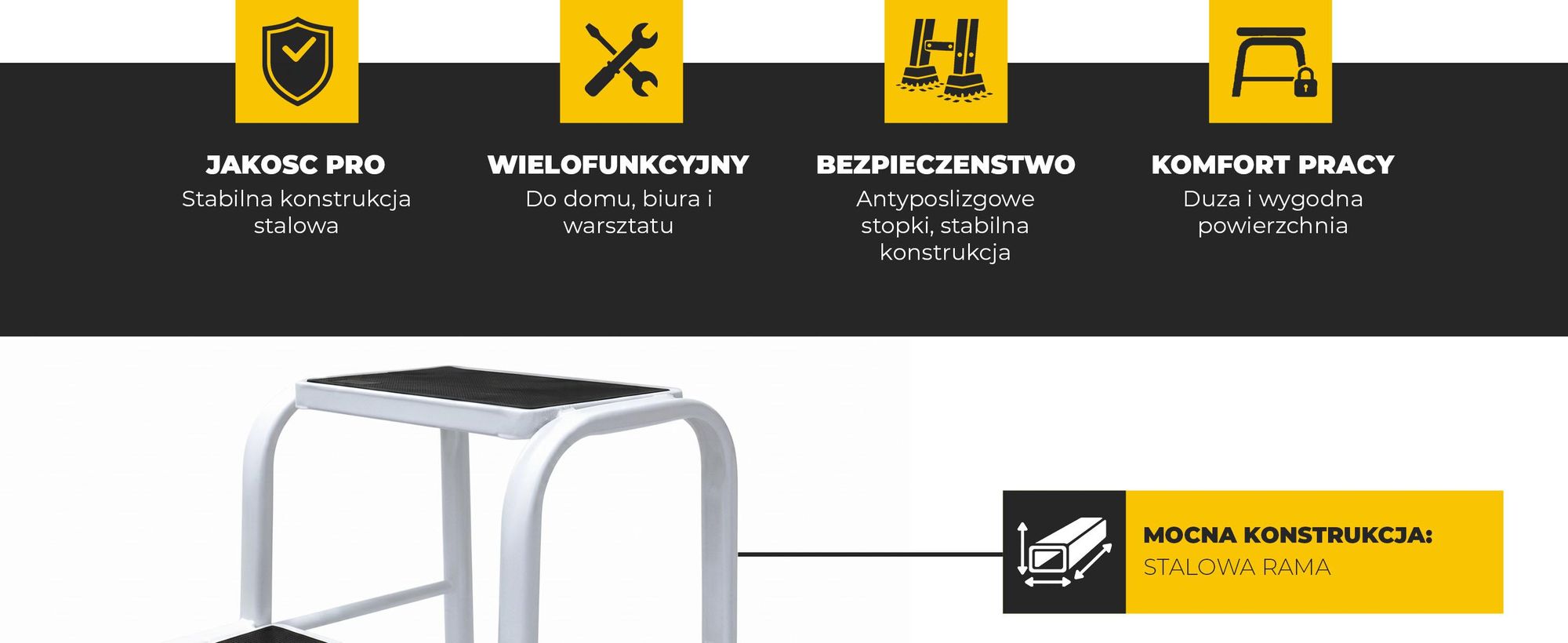Drabest | Stołek stalowy – 2 stopnie – stabilny i wytrzymały – antypoślizgowe nóżki – nośność 150 kg – do użytku domowego, biurowego i przy naprawach