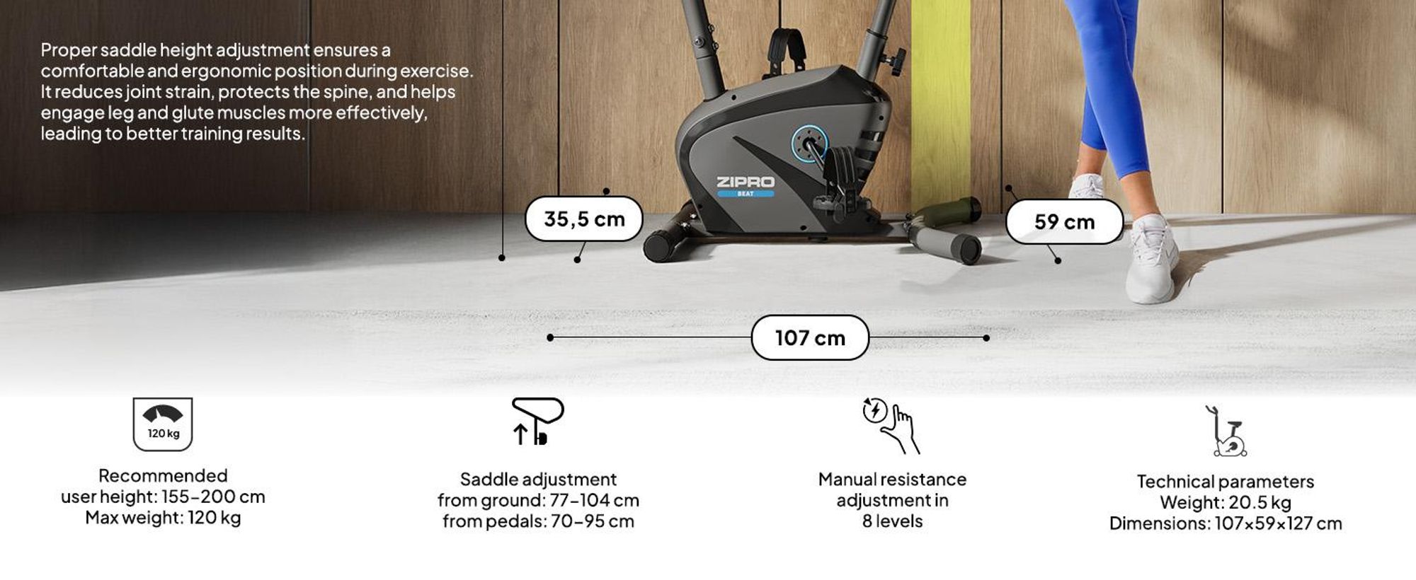 Zipro Domáci trenažér Beat – Magnetický fitness bicykel Hmotnosť zotrvačníka Tichý domáci trenažér pre domáce použitie Meranie pulzu, držiak na fľašu a LCD displej 120 kg
