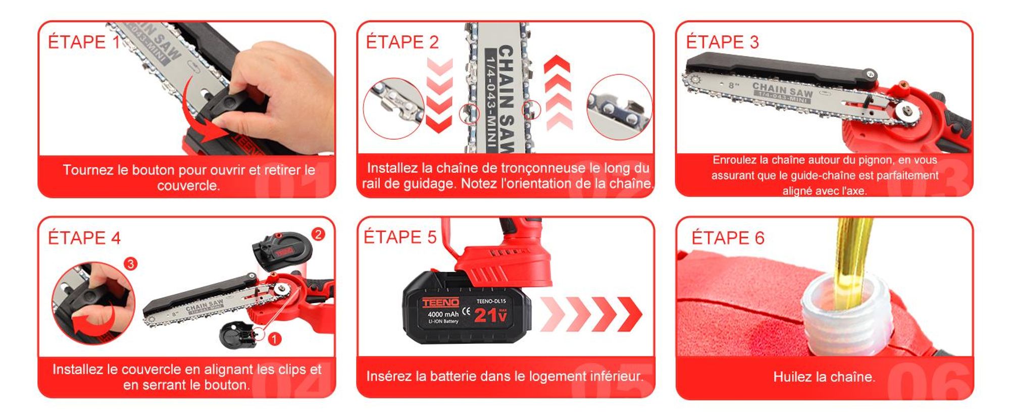 TEENO Tronconneuse a Batterie, Mini Tronçonneuse Électrique 6&8 Pouces 2-en-1, Kit avec 6 Chaînes (3×6"+3×8"),  2×4000mAh, 5500 tr/min, Taille Haie