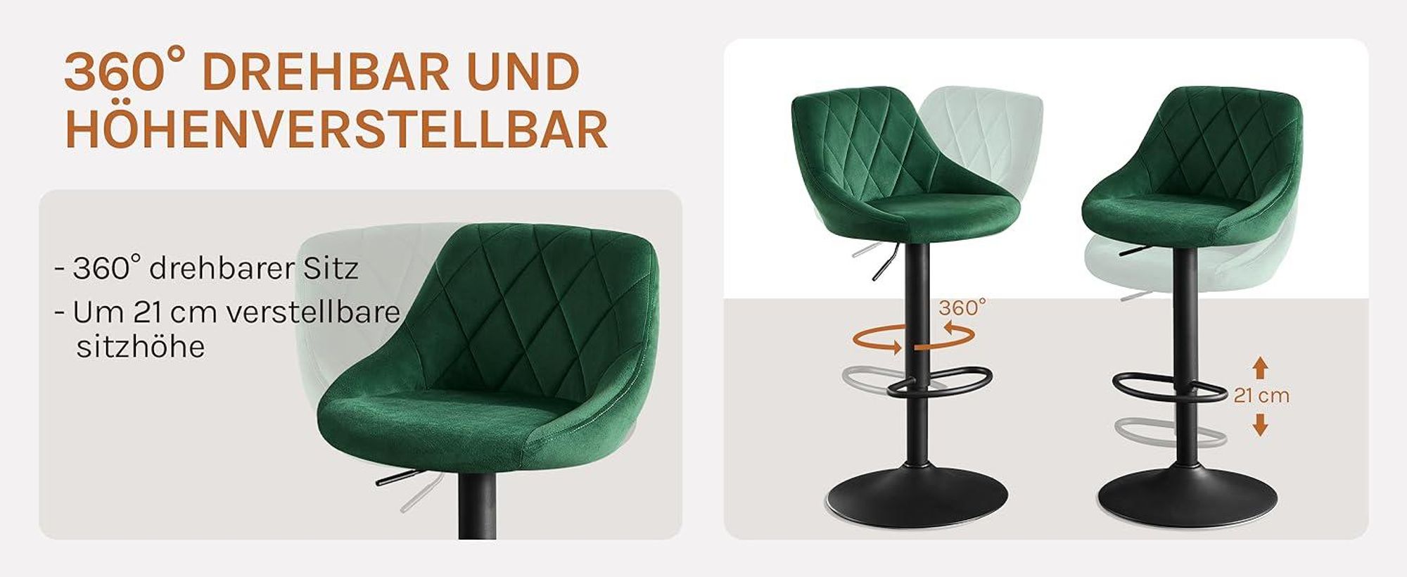 WOLTU Barhocker 2er Set, Barstuhl, Gute gepolsterte Sitzfläche aus Samt, Höhenverstellbar, 360° Drehbar, Dunkelgrün
