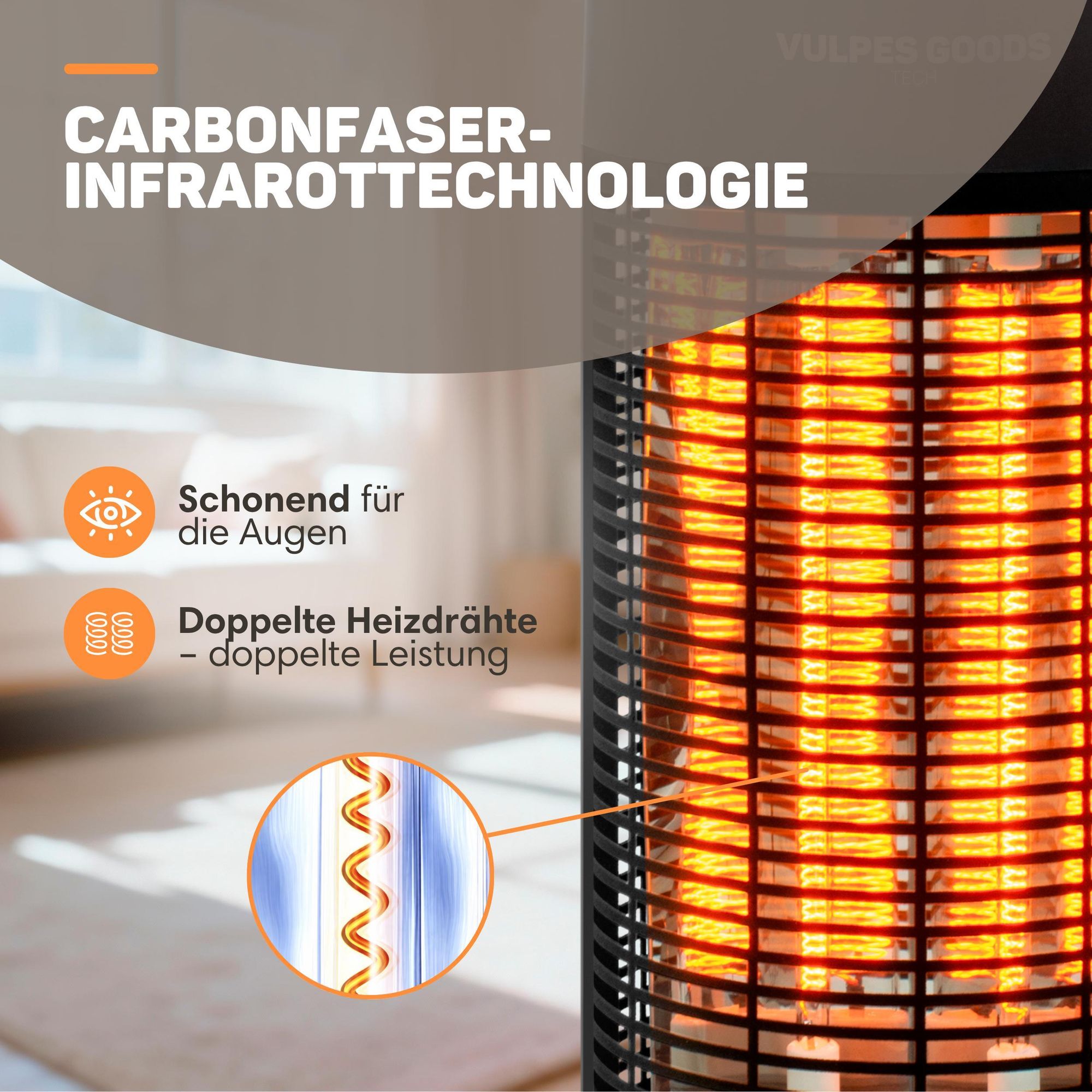 Infrarot Heizstrahler elektrisch mit 600 W & 1200 W Stufe, Innen / draußen geeignet- Terrassenheizer - elektrischer Infrarotstrahler, Infrarotheizung