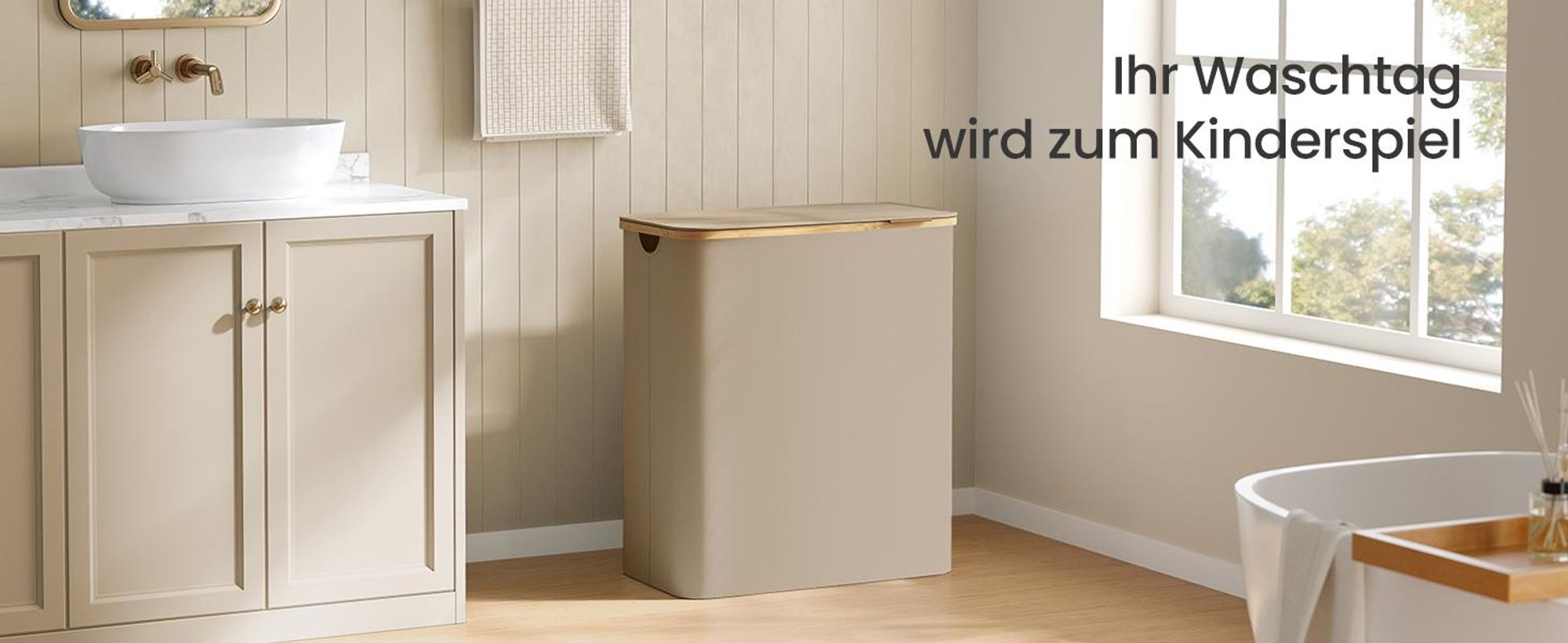 SONGMICS Wäschekorb mit Deckel, 150 L, herausnehmbarer Wäschesack,Griffe aus Bambus