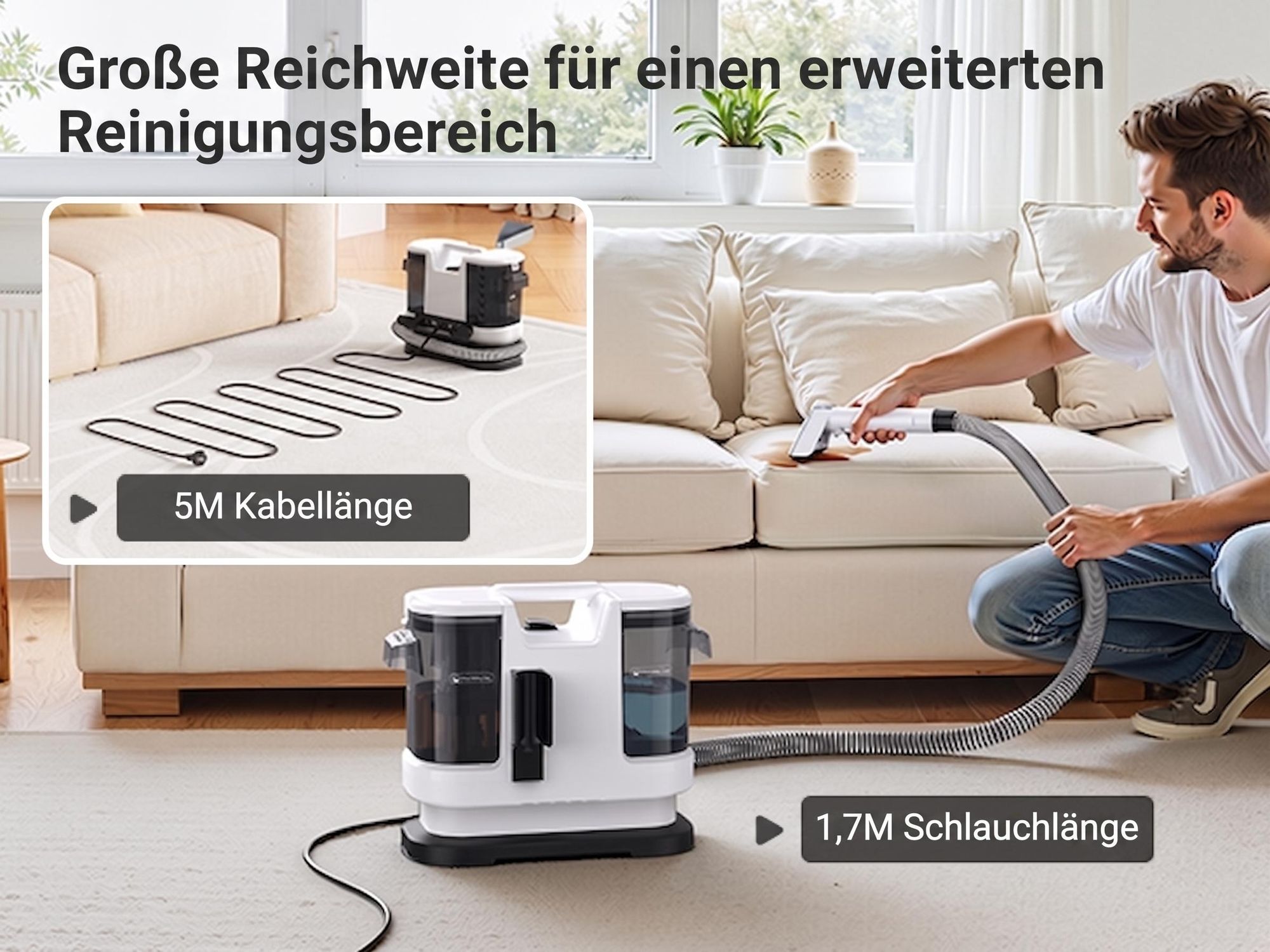 Lubluelu A6 3-in-1 Polsterreiniger Waschsauger Teppichreiniger 15000Pa 600W, 1,75L+1L Doppeltank, Fleckenreiniger für Sofa, Polster & Auto