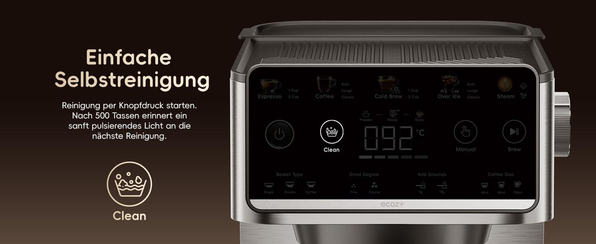 ecozy Espressomaschine mit Milchaufschäumer, 4-in-1 Siebträgermaschine für Espresso, Cold Brew, Over Ice, Kaffee, Latte, Touchscreen, Selbstreinigung