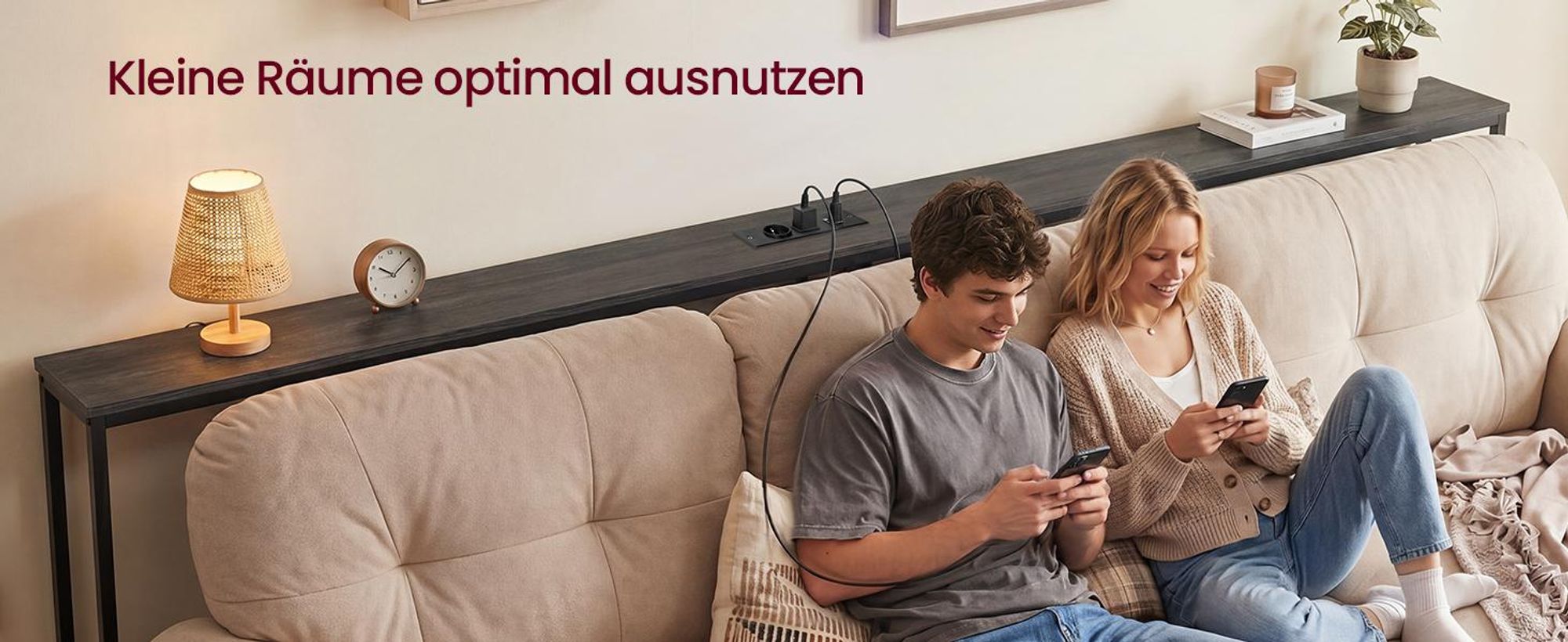 VASAGLE Schmaler Konsolentisch mit Steckdosen Regal hinter Sofa 200 x 15 x 80 cm Schwarz