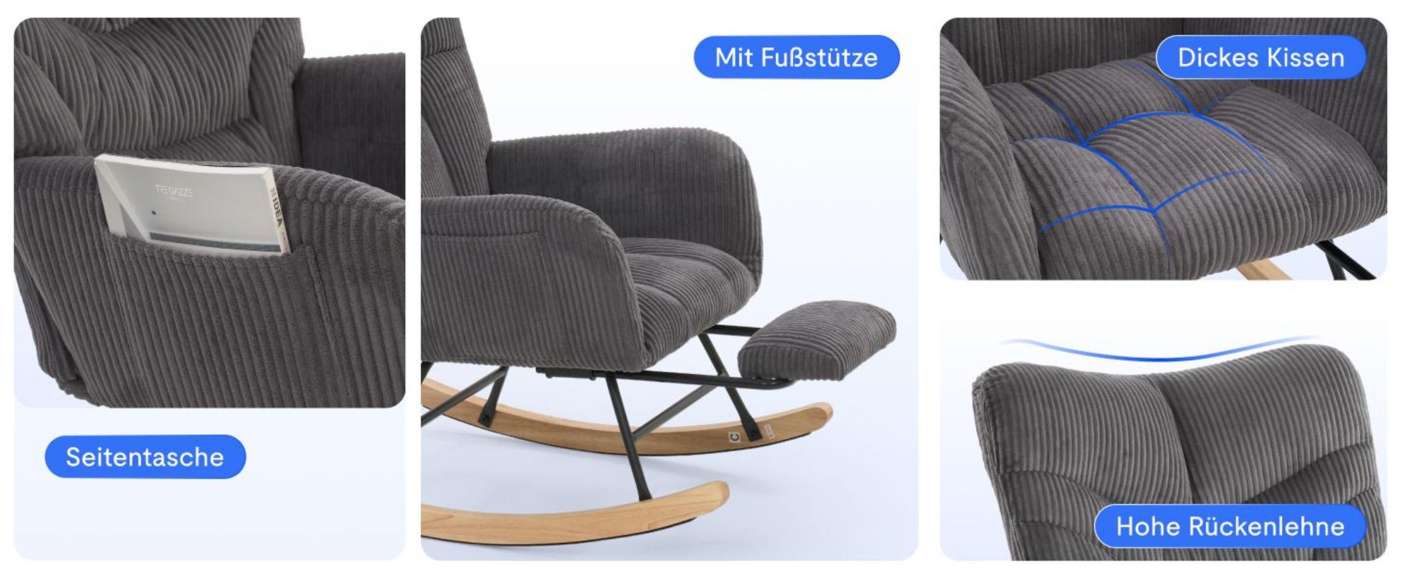 FLEXISPOT Schaukelstuhl Schaukelsessel hohe Rückenlehne & Fußstütze, Moderner Relaxsessel mit Holzkufen, gepolstert für Wohnzimmer, bis 120 kg Grau