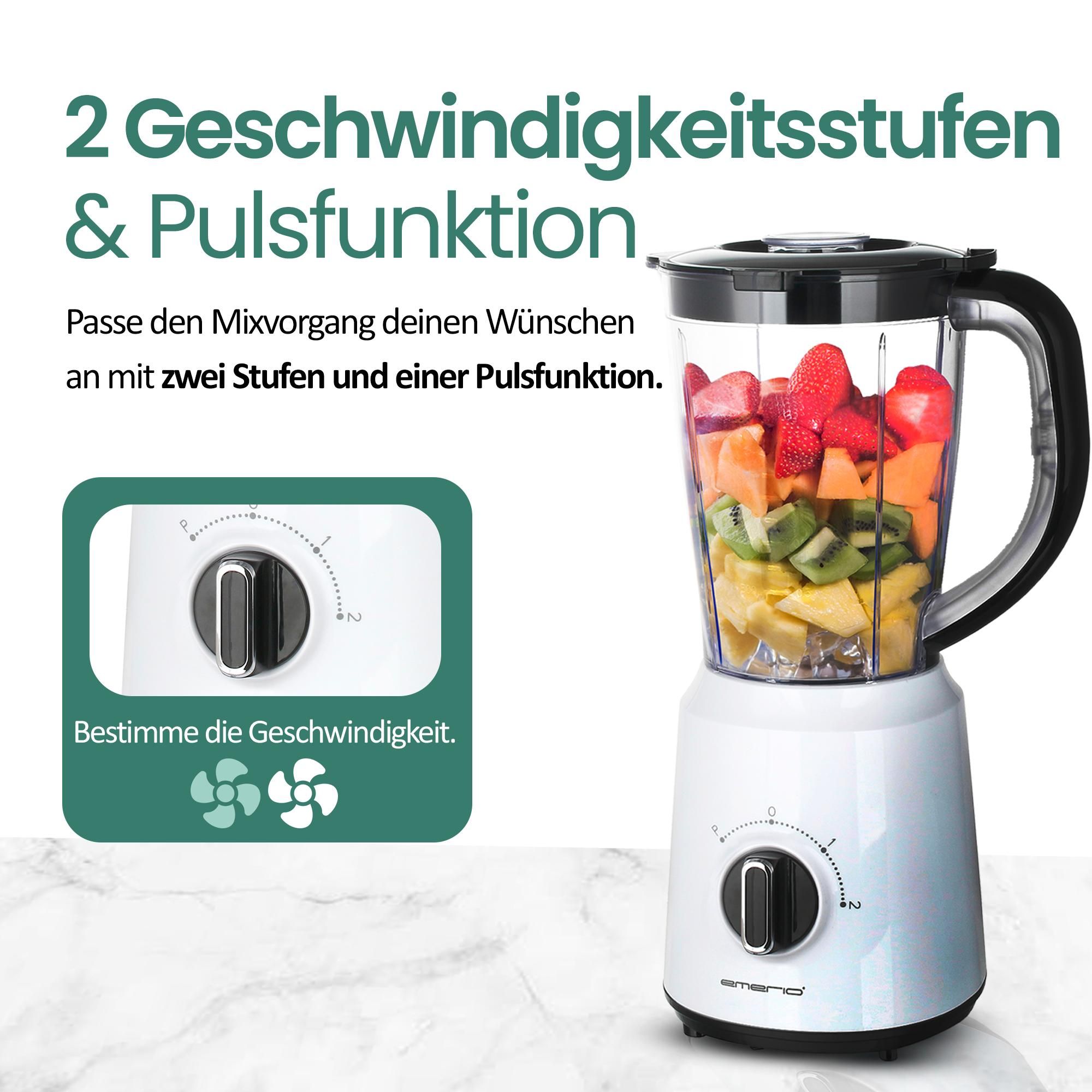Emerio Blender 1,5 L – Smoothie-Maker mit 2 Geschwindigkeitsstufen – Edelstahlmesser & spülmaschinengeeignet – 500 W – Blender-to-Go BL-124816.7