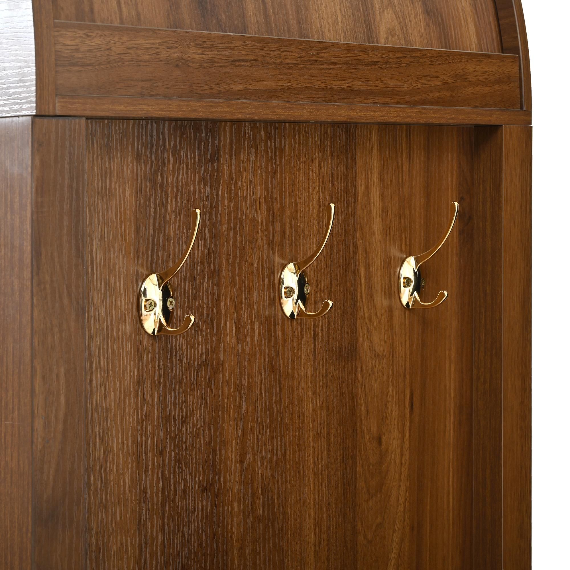 Merax Moderner Kleiderschrank mit gebogenen Türen, Stauraum mit Kleiderstange und Schubladen, Luxus Kleiderschrank für Schlafzimmer und Flur, Nussbaum