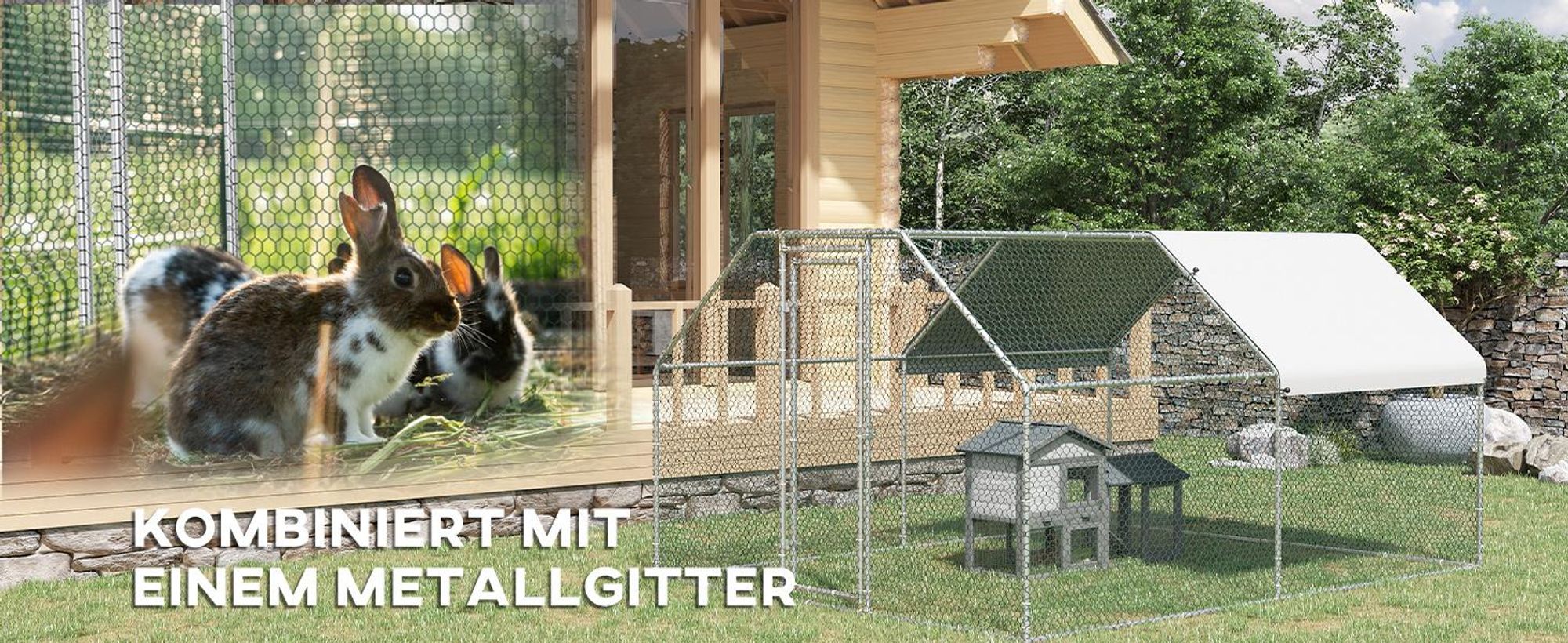 PawHut Kleintierstall mit Freilauf Kleintierkäfig für draußen Tannenholz Grau