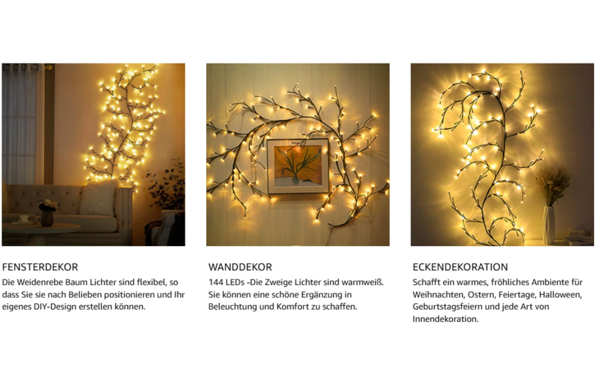 2er LED Weidenzweig-Lichterkette mit 144 LEDs & Netzstecker, biegbare Baumzweige für Weihnachten, Halloween, Schlafzimmer & stimmungsvolle Deko